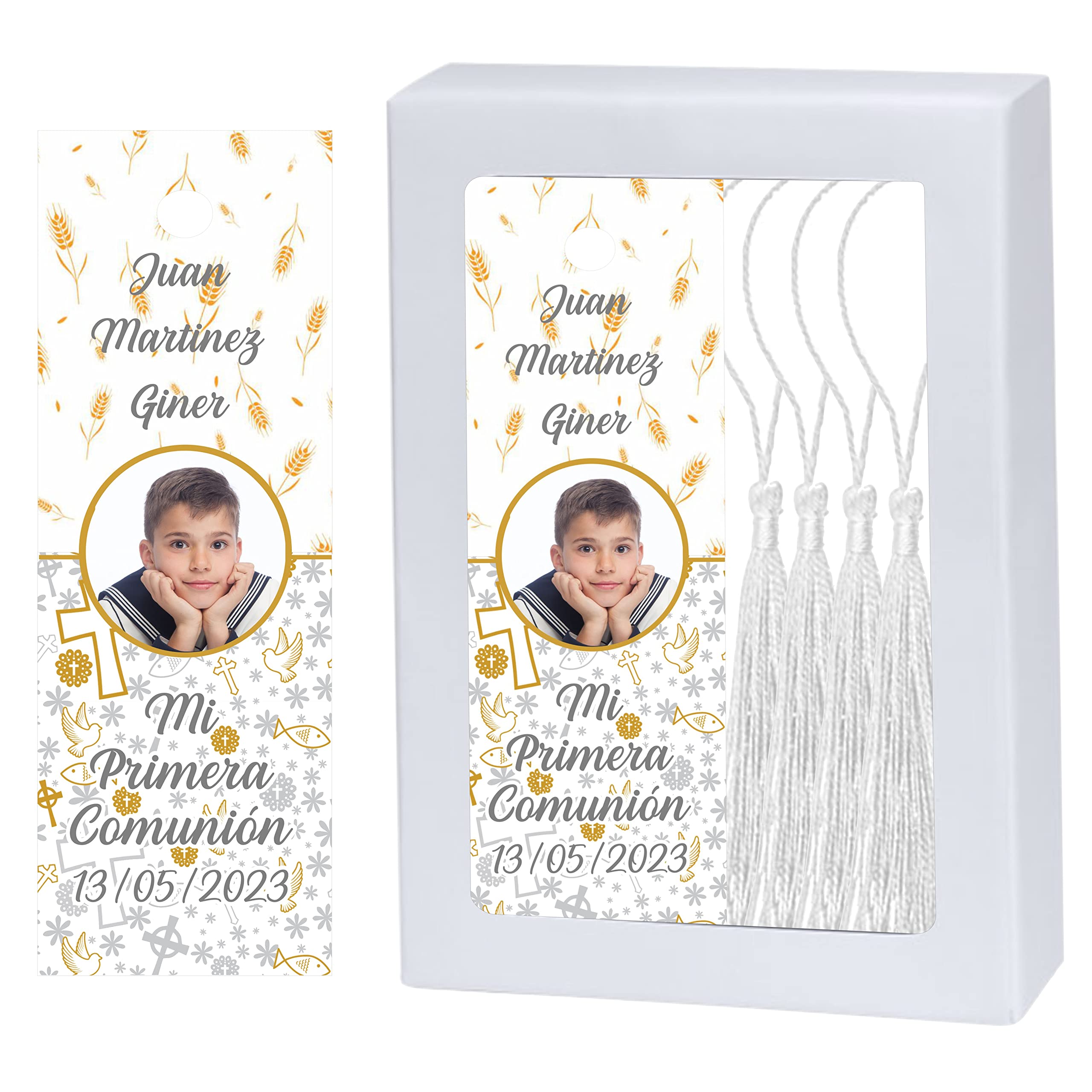 Marcapáginas Comunión Niño. Personalizado con Foto. Kit de 36 unidades con Borla de seda a juego. 4 MODELOS a elegir. Recuerdo de Comunión niña. Hecho en España (CALIZ)
