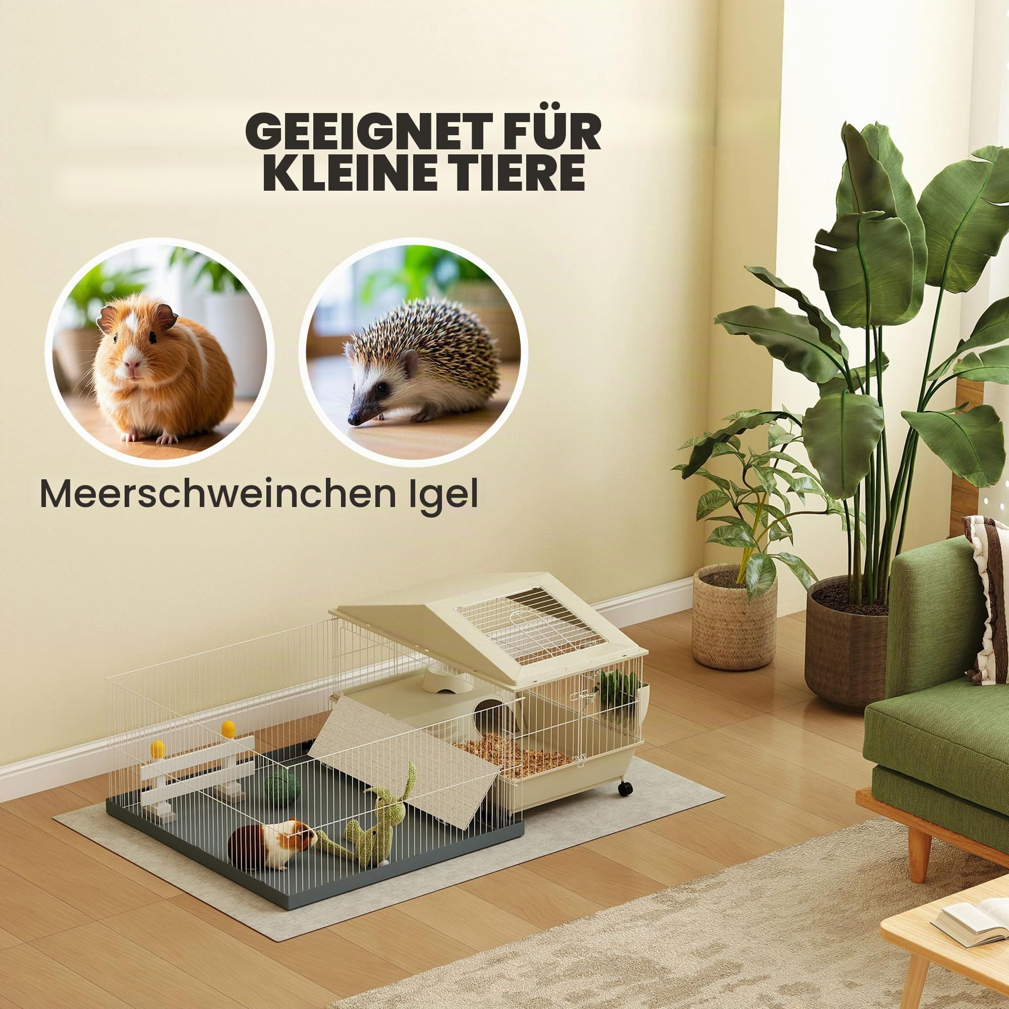 PawHut Meerschweinchenkäfig, Kleintierkäfig mit herausnehmbarem Laufstall wasserfeste Matte, Balkon, Futternapf, Rampe mit weicher Abdeckung, 4 Räder, für Meerschweinchen, Igel beige