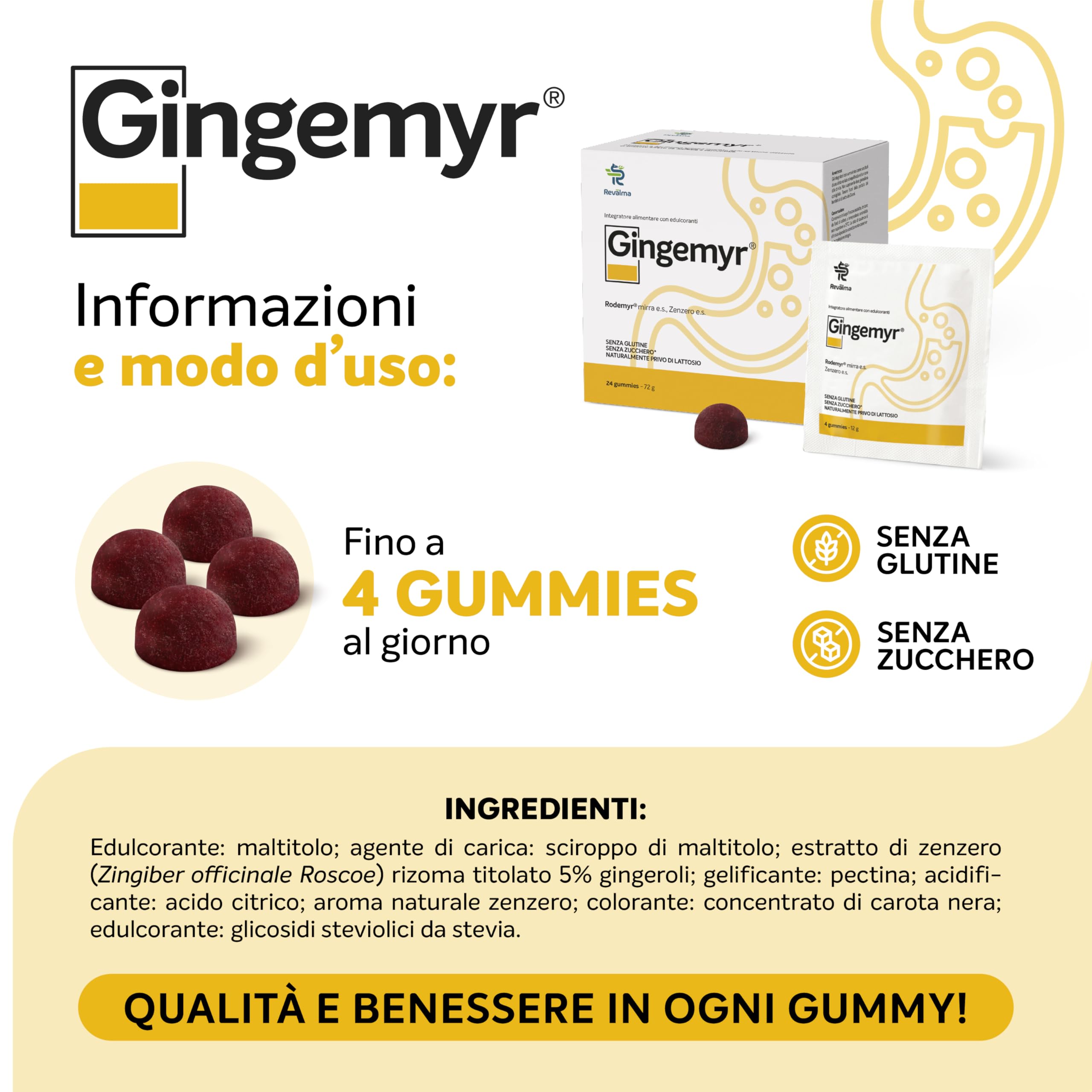 Revalma Gingemyr 24 Gummies - Integratore Alimentare a Base di RodeMyr e Zenzero - Funzione Digestiva ed Azione Antinausea - Senza Glutine