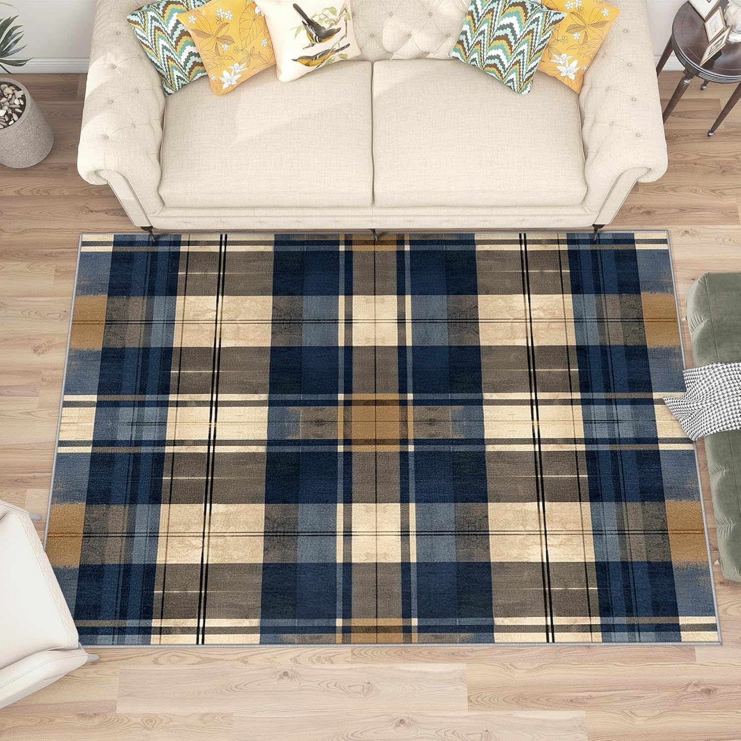 Bullfalo Check Rug Indoor - 2x3 Rug - Bullfalo Check Rug - Bullfalo Plaid Vintage Area Rug - Tartan Geometric Checkered Rugs - Navy Blue and Tan Carpet - Home Decor
