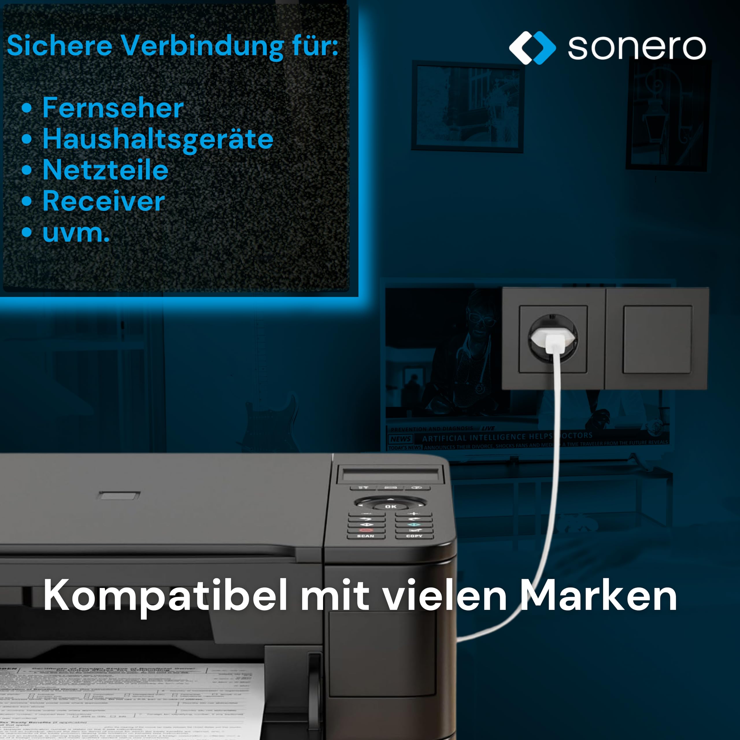 sonero Kabel zasilający, 2-biegunowy, 2 m, wtyczka euro typu C, wtyczka sieciowa do gniazda IEC C7 Euro 8, kąt 90°, zasilacz sieciowy do telewizora, PS5, PS4, PS3, urządzeń gospodarstwa domowego,