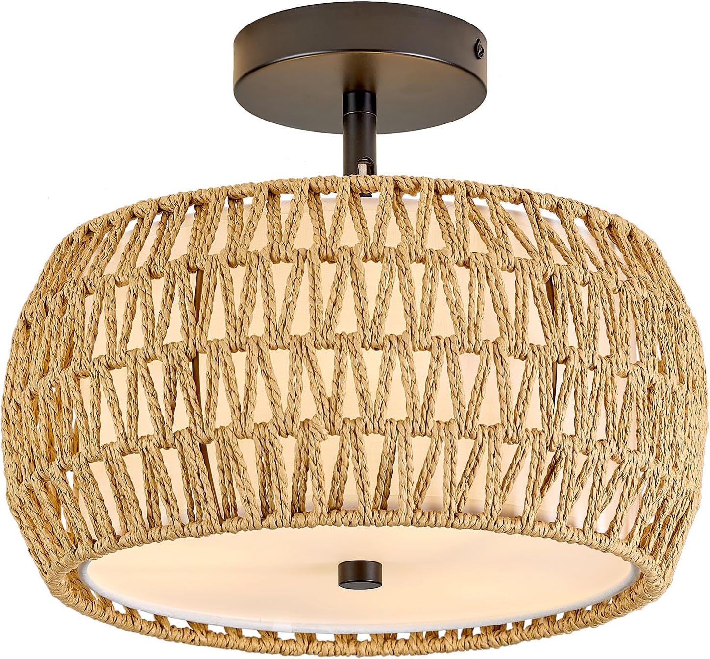 3-Light Semi Flush Mount Ceiling Light, Woven Rattan Boho Light Fixtures Ceiling Mount with Fabric Shade Farmhouse Ceiling Light Fixture for Bedroom Kitchen Foyer Hallway