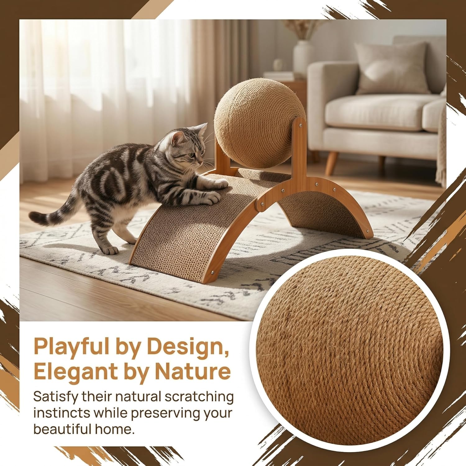 Cat Scratching Ball on Stand, Durable Sisal Scratcher Ball for Cats with Non Slip Base, Furniture Protection, Interactive Cat Toy for Indoor Cats, Cat Scratcher Accessories and Parts (Style 2)