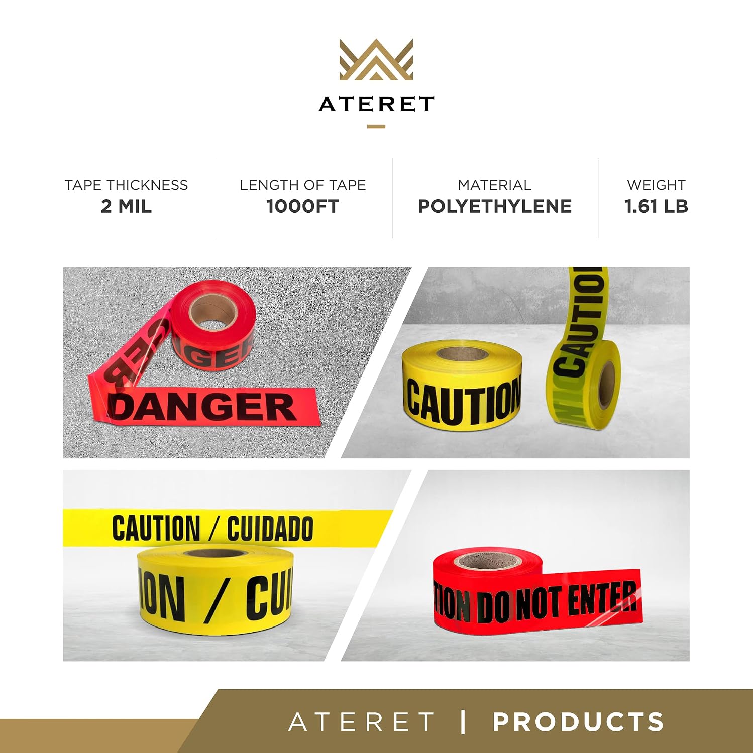 ATERET Premium Danger Do Not Enter Tape 2-Pack 3 inch x 1000 feet, Hazard Safety Tape, Construction Tape for Danger/Hazardous Area, Ideal Use for Halloween Decorations, Party, Work-Site
