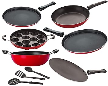NIRLON Non Stick Aluminium Kitchen Cooking standrad Cookware Set,Black and Red -9 Pieces [2.6mm_FT13_CT_KD14_AP_FT11_TP24_3SPN]