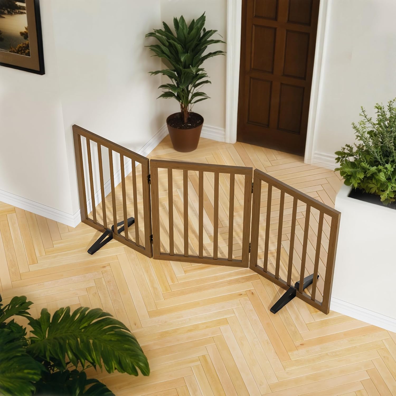 dog gate for stairs,foldable dog gate for indoor doorways house,freestanding pet gates for dogs,doogie puppy fence gate black walnut 3 panel - 55 inches wide