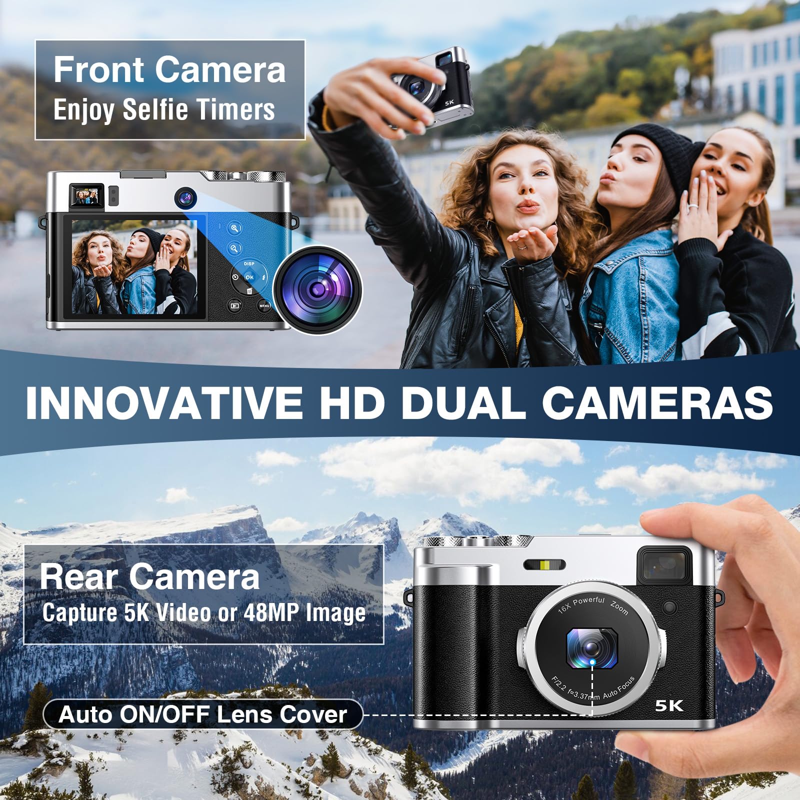 5K Fotocamera Digitale, 48MP, Vlogging, Compatta, Unisex, 32GB, Mirino, Flash, 2.8 Pollici, TikTok, YouTube, Webcam, HDMI, 1/4"-20, Treppiede