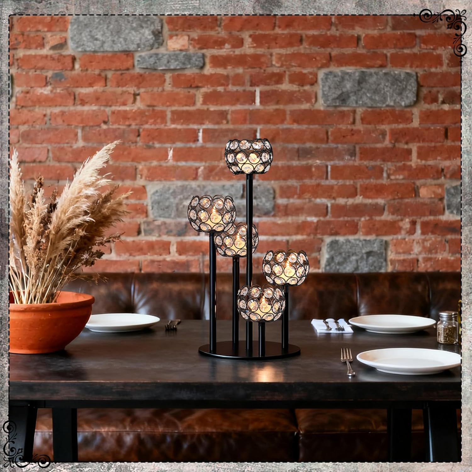 5-Arm Crystal Tealight Candelabra Centerpiece, 14.8 Inch Metal Candle Holder for Table Decor, Wedding, Christmas, Party, Anniversary & Home Decoration (1, Black, S-14.8 in)