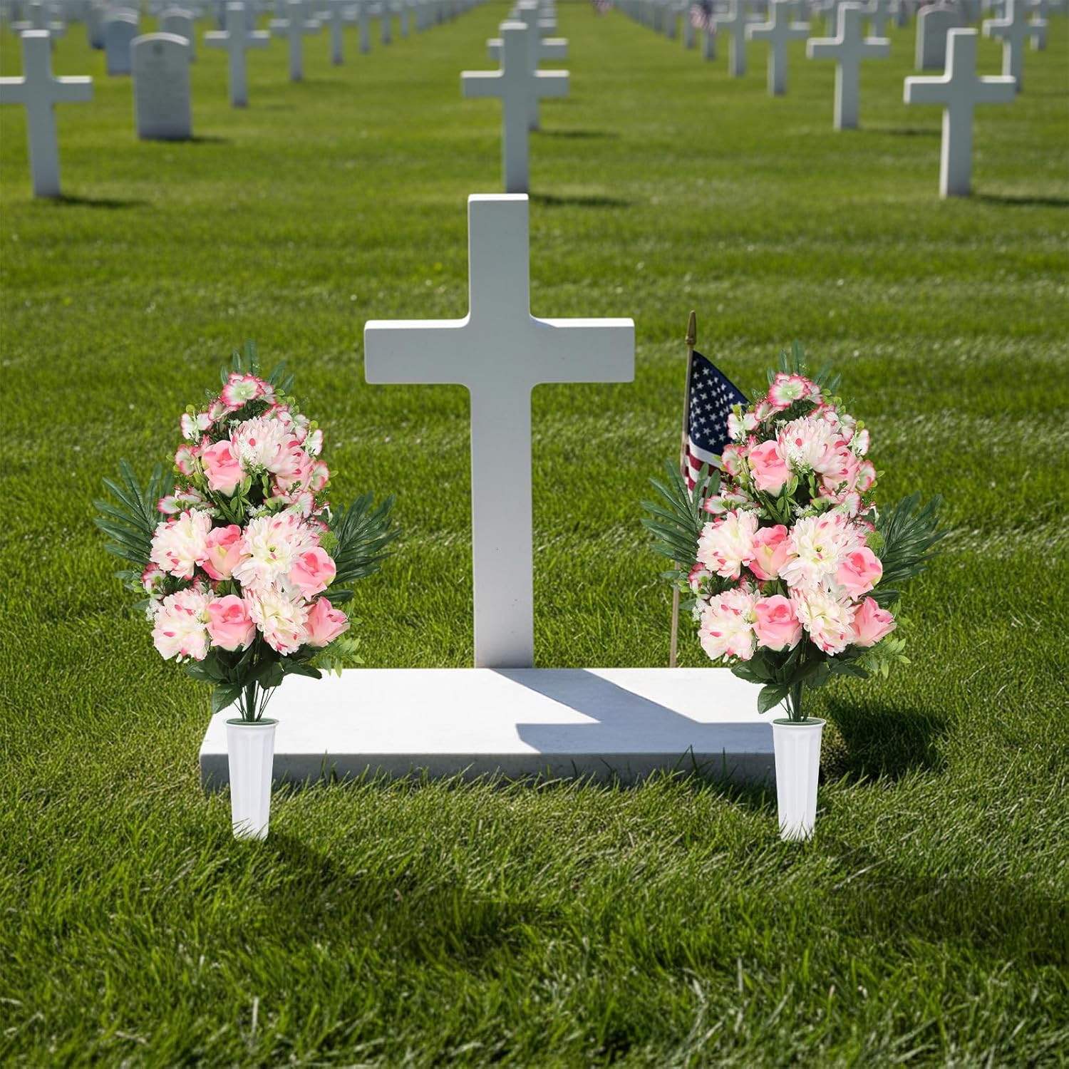 2PCS Artificial Pink Cemetery Flowers, Mixed Chrysanthemum and Peony Flower Bouquets, Cemetery Flowers with Vase for Memorial Day Funeral Floral Arrangements,Headstone Decorations (Pink)