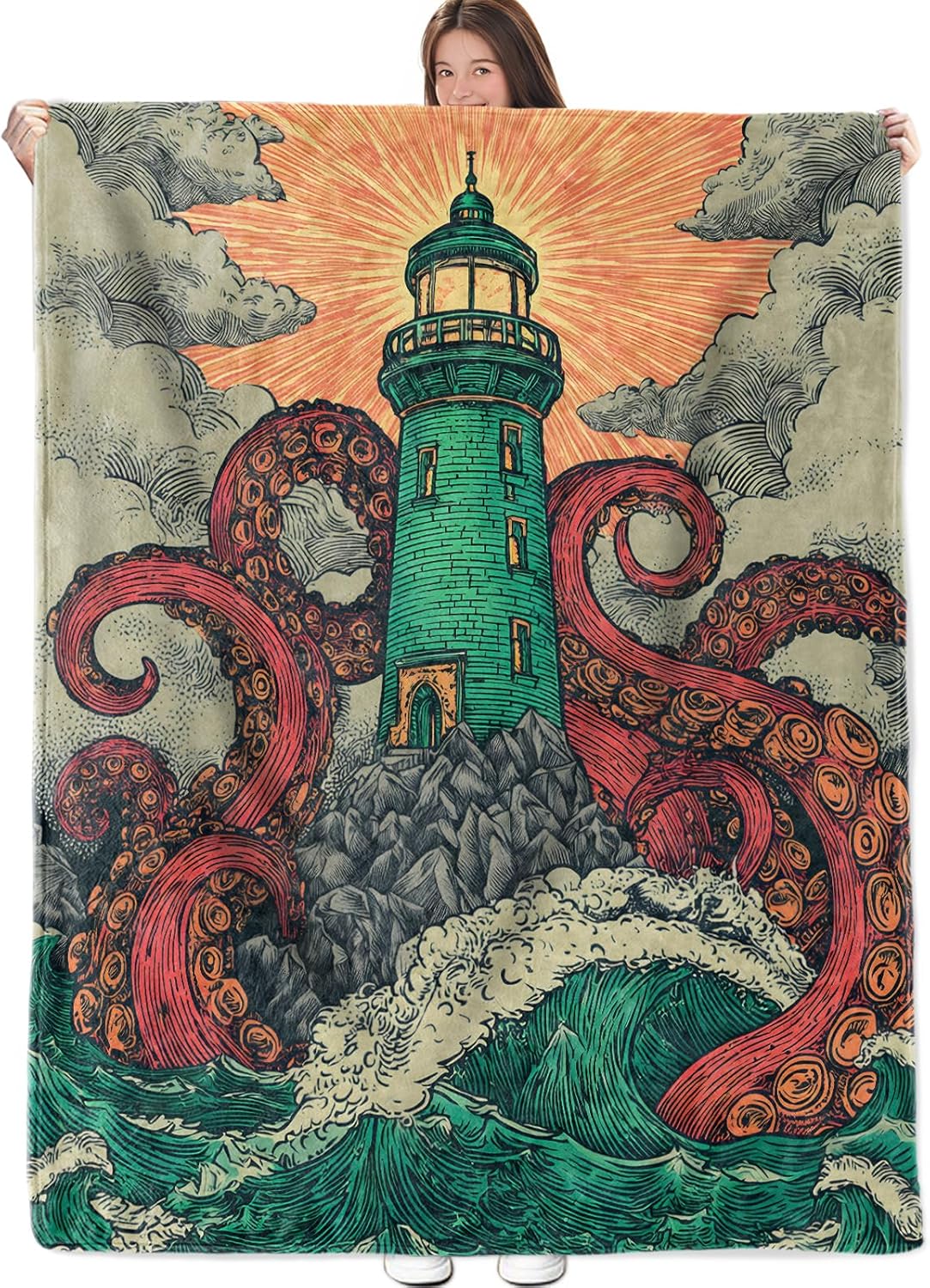 Retro Octopus Blanket, Marine Life and Lighthouse Flannel Throw, Soft Cozy Lightweight Throws Blankets for Women Kids Girls, Vintage Home Decor for Sofa Couch Bedroom Home, 60x50 Inch