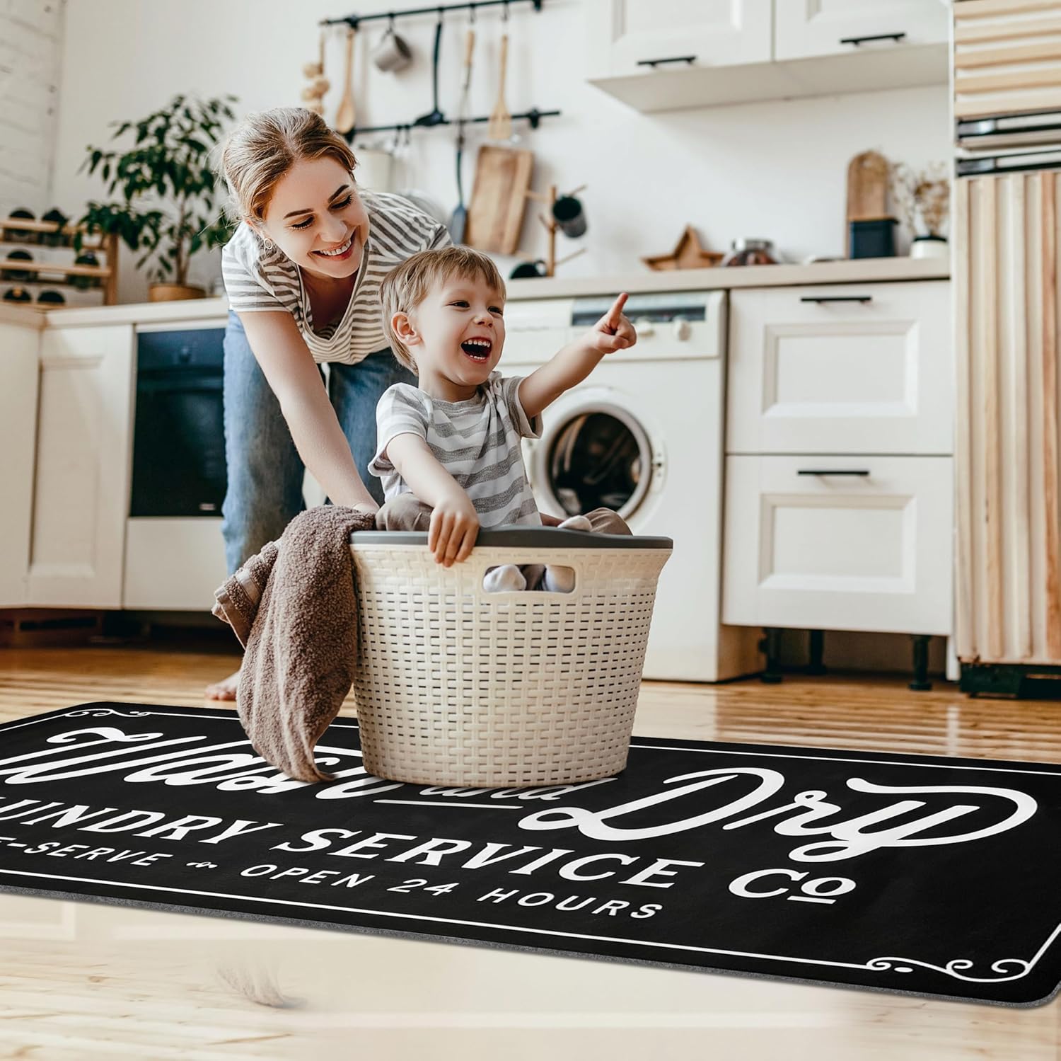 KOZYFLY Laundry Room Rug Runner 24"x72" Non Slip Kitchen Rugs Washable Laundry Room Mat Waterproof Mudroom Floor Carpet Runner Farmhouse Decor, 2x6ft, Solid Black, Wash and Dry