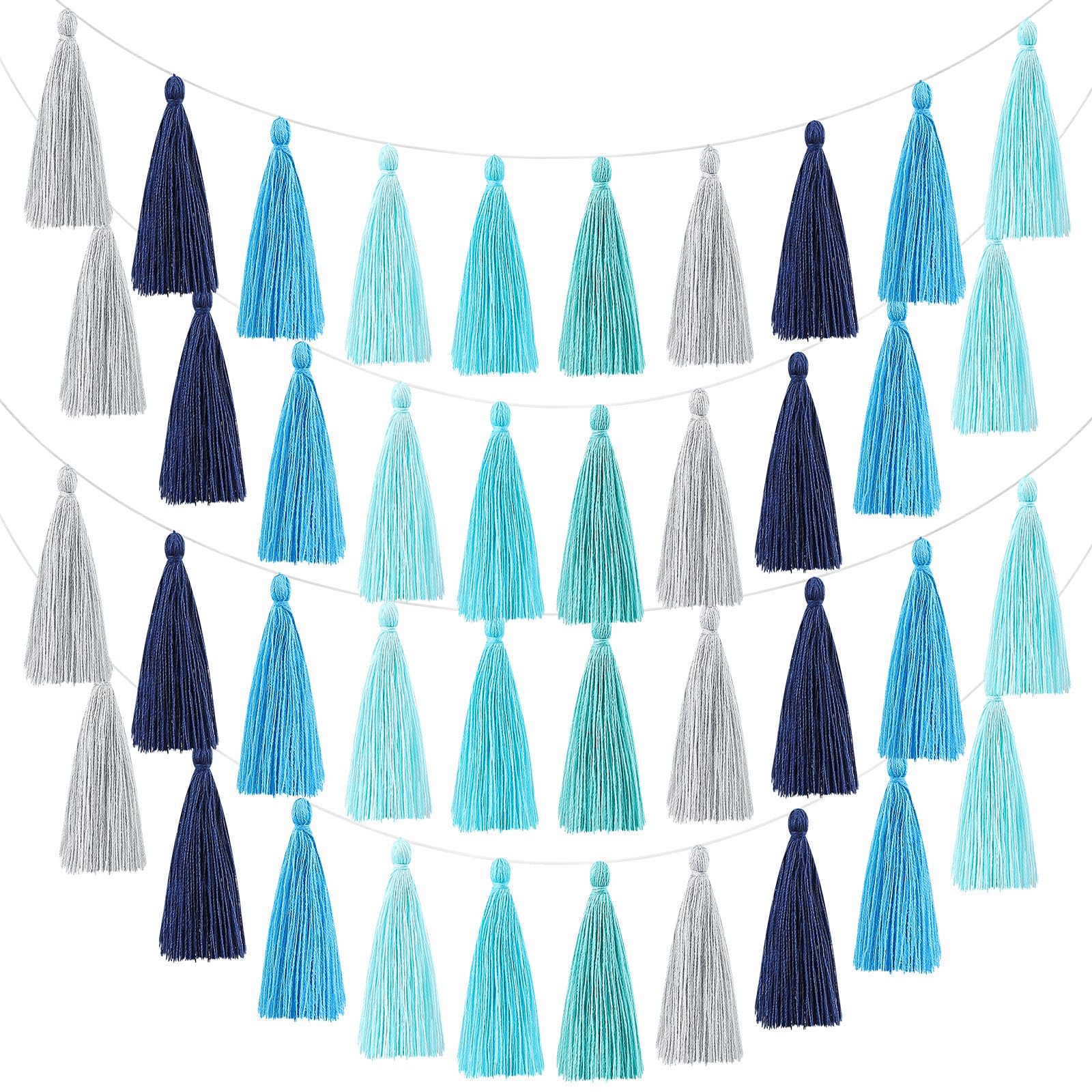WILLBOND 4 Pcs Rainbow Tassel Garland Boho Classroom Decor Colorful Pastel Summer Garland Banner for Back to School Kids Room Birthday Party Baby Shower Home Office Decor(Blue Gray，6.3 Inch)