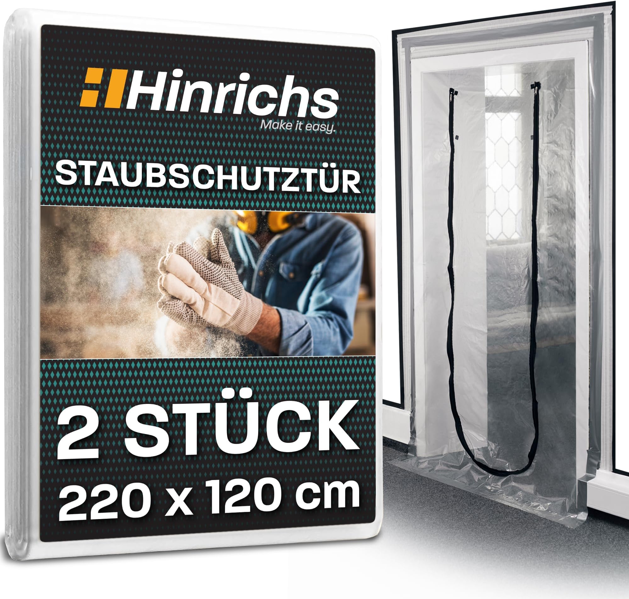 Hinrichs 2 x Dust Protection Doors with Zip – 220 x 120 cm – Transparent Construction Door with Zip on Both Sides – Foil Door Reusable – Dust Protection Wall No Drilling – Dust Protection & Dirt Lock