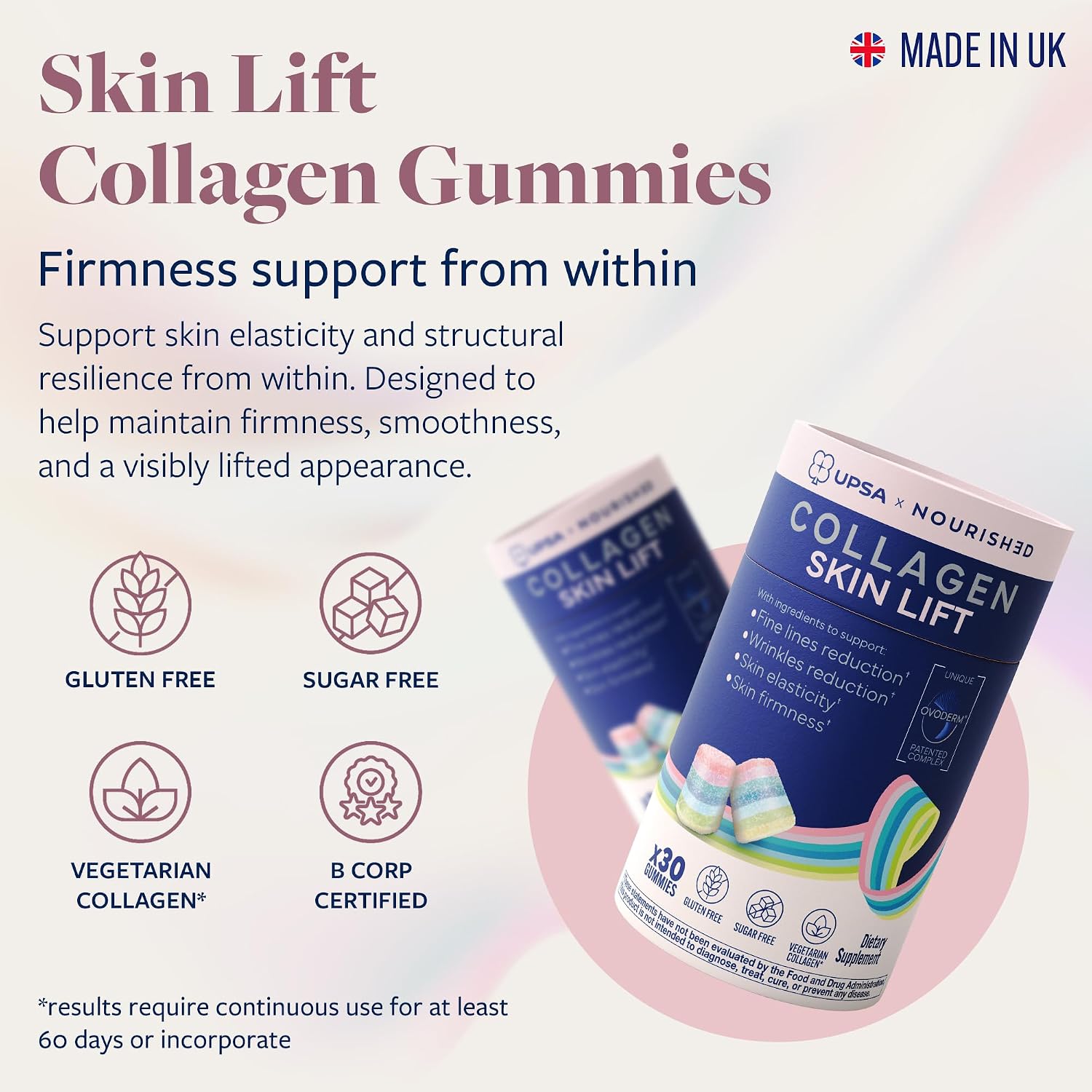 Upsa Nourished Collagen Skin Lift 30ct – Ovoderm® Egg Membrane Complex with Vitamin C, Zinc & Selenium – Sugar-Free Vegetarian Gummies – Plastic-Free Biodegradable Packaging