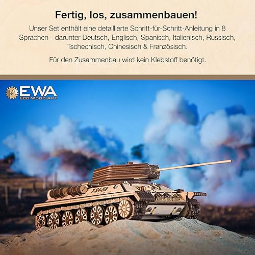 Miniatura 7 de EWA Eco Wood Art 3D Puzzle de madera para adultos y adolescentes - T-34-85 Tanque 965 piezas - Modelo con motor de banda de goma, kit de bricolaje