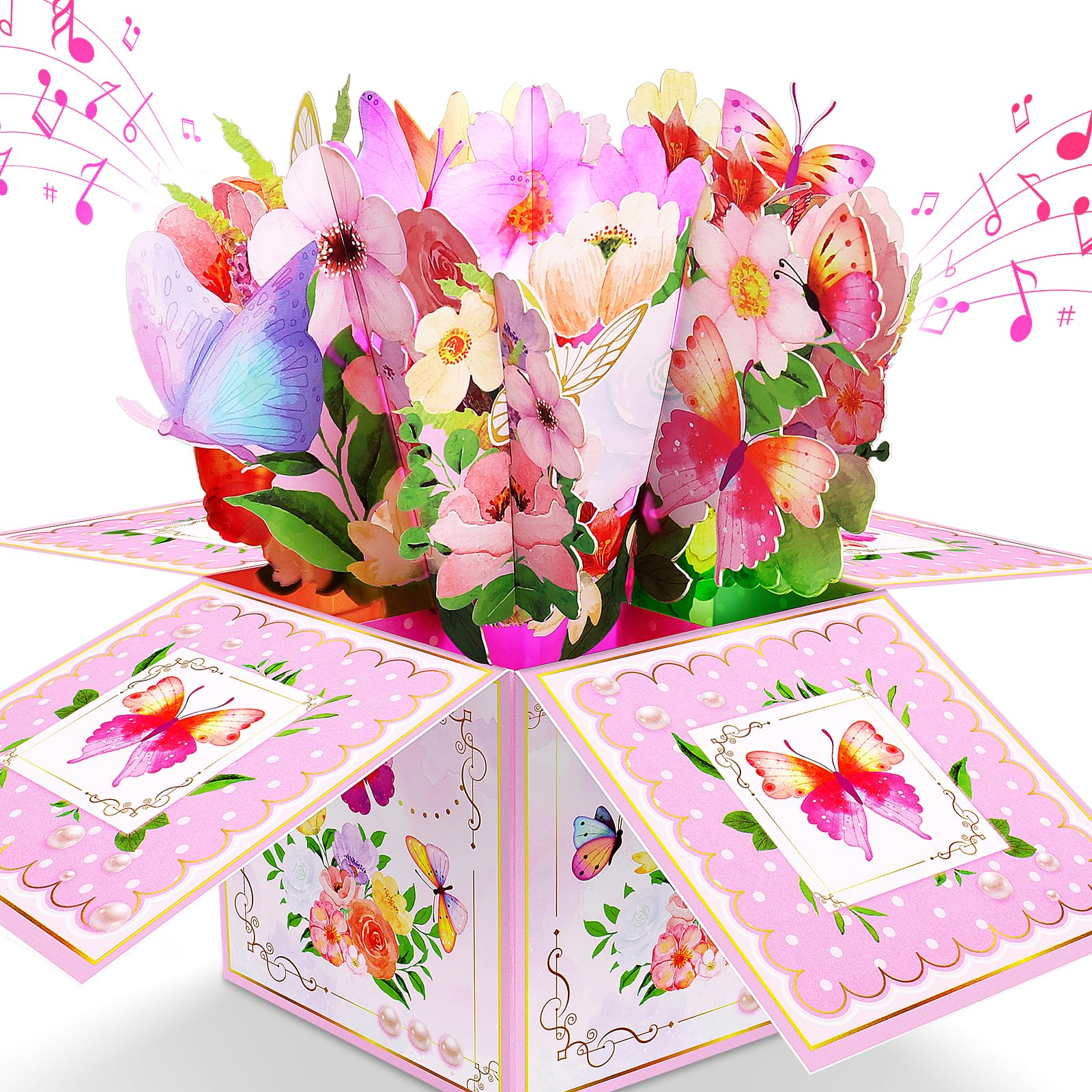 Birthday Cards, MUSIC & LIGHTS Pop up Happy Birthday Card (Butterfly Flowers)