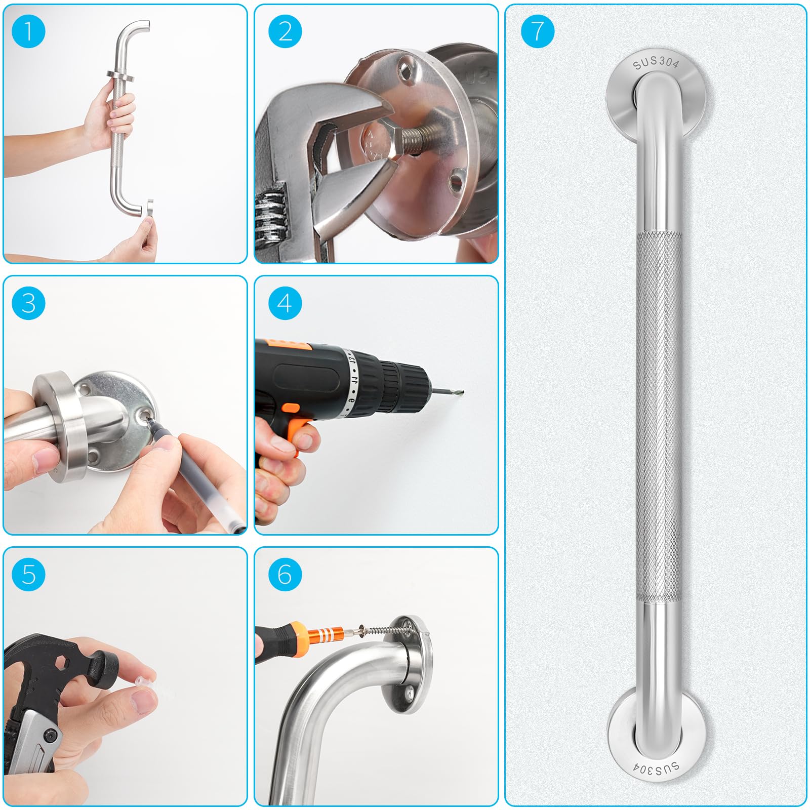 Paquete de 2 barras de agarre para ducha y asas de seguridad para bañera, rieles de asistencia antideslizantes con textura de acero inoxidable 304 para soporte anticaídas en bañera, ducha y áreas de
