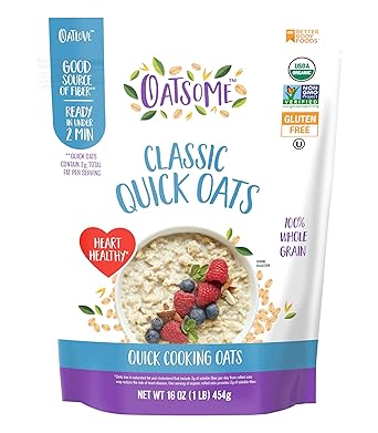 Oatsome Organic Quick Oats, 1lb Bag Gluten-Free, Whole Grain Oats for Oatmeal, Baking, Granola