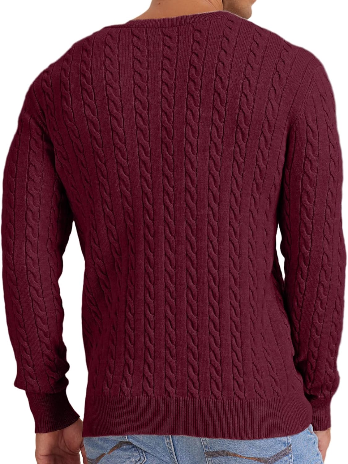 Askdeer Men's Crewneck Pullover Sweater Cable Knit Long Sleeve Sweater Classic Soft Knitted Sweaters with Ribbing Edge Wine Red