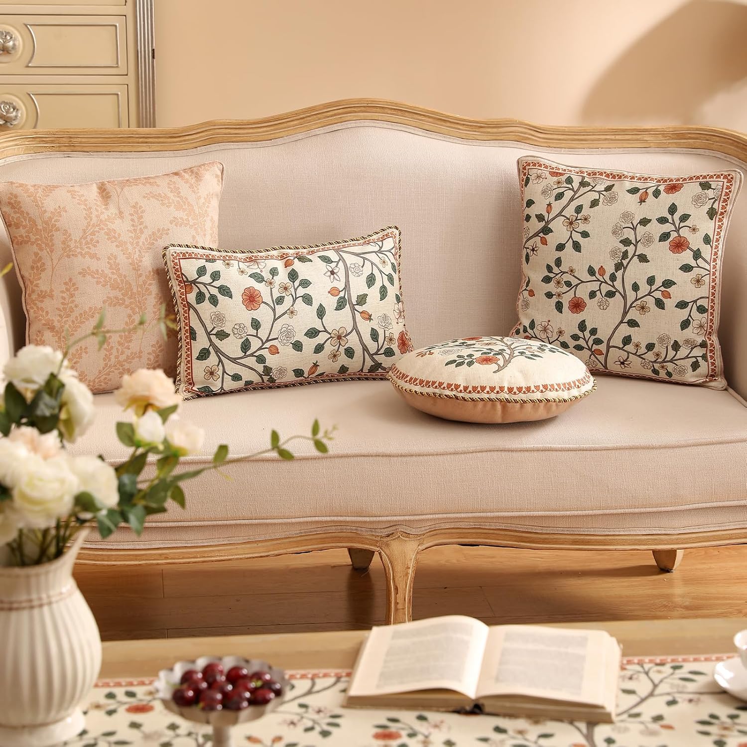 ISAENNE Design Linen Vintage Lumbar Square Round Throw Pillow Covers Set of 4, French Country Cushion Covers with Pink Blue Floral Pattern Decoration Pillowcases for Bed,Living Room,Outdoor,Car