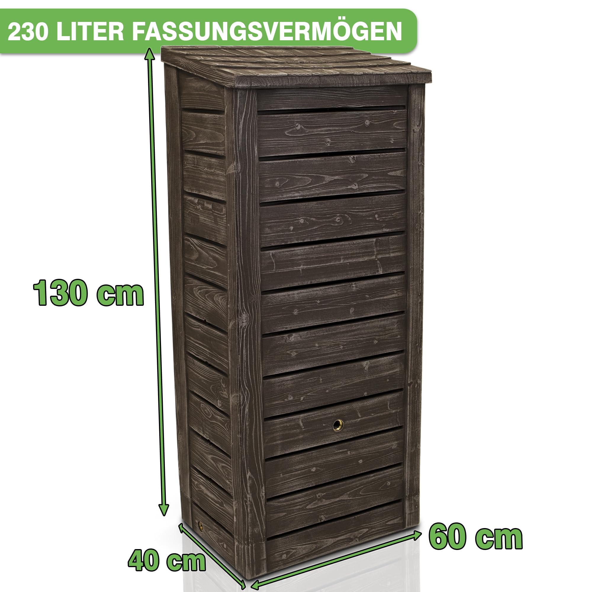 YourCasa Regentonne 230 Liter [Slimline Nordic] Eckig und Schmal in Holzoptik mit Metallgewinde - Regenfass Frostsicher aus Kunststoff - Regenwassertonne - Regenwassertank Garten Holzfass Zisterne