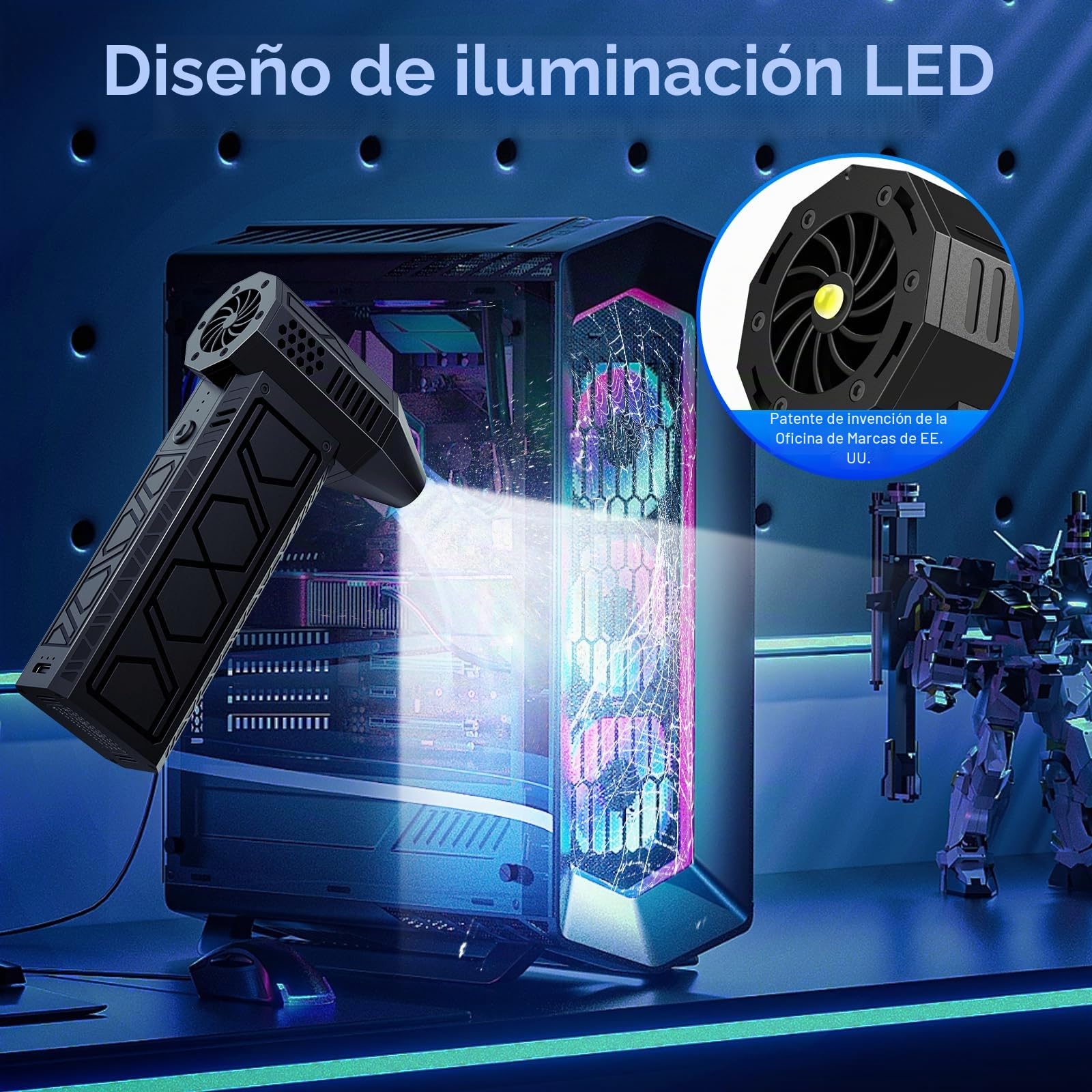 Soplador de Polvo Eléctrico,180000 RPM,2025 Aire Comprimido Limpieza PC con Luz Auxiliar LED Light/Potente 4 Velocidades/Iluminación para Ordenadores, Coches, Teclado
