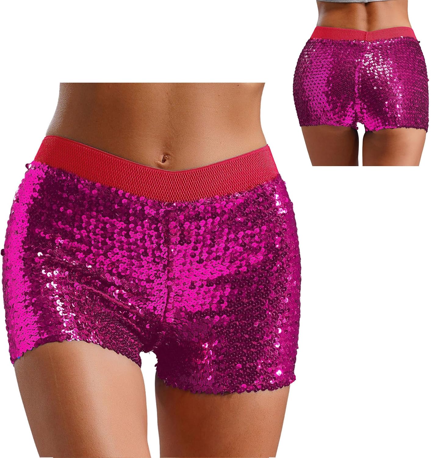 Women's Shiny Sequin Booty Shorts Elastic Waist Stretchy Straight Leg Hot Dance Party Shorts