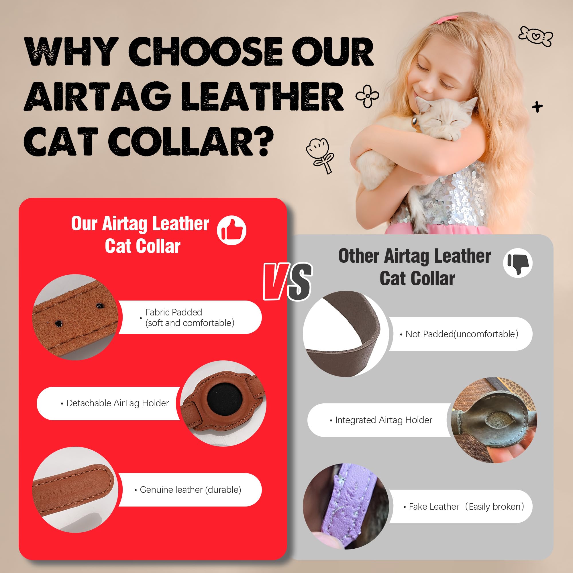 AirTag - Collar de gato con campana y forro de tela, collar de cuero para mascotas, collar de gato de cuero no separable con soporte para AirTag, collares GPS para gatos y gatos (marrón)