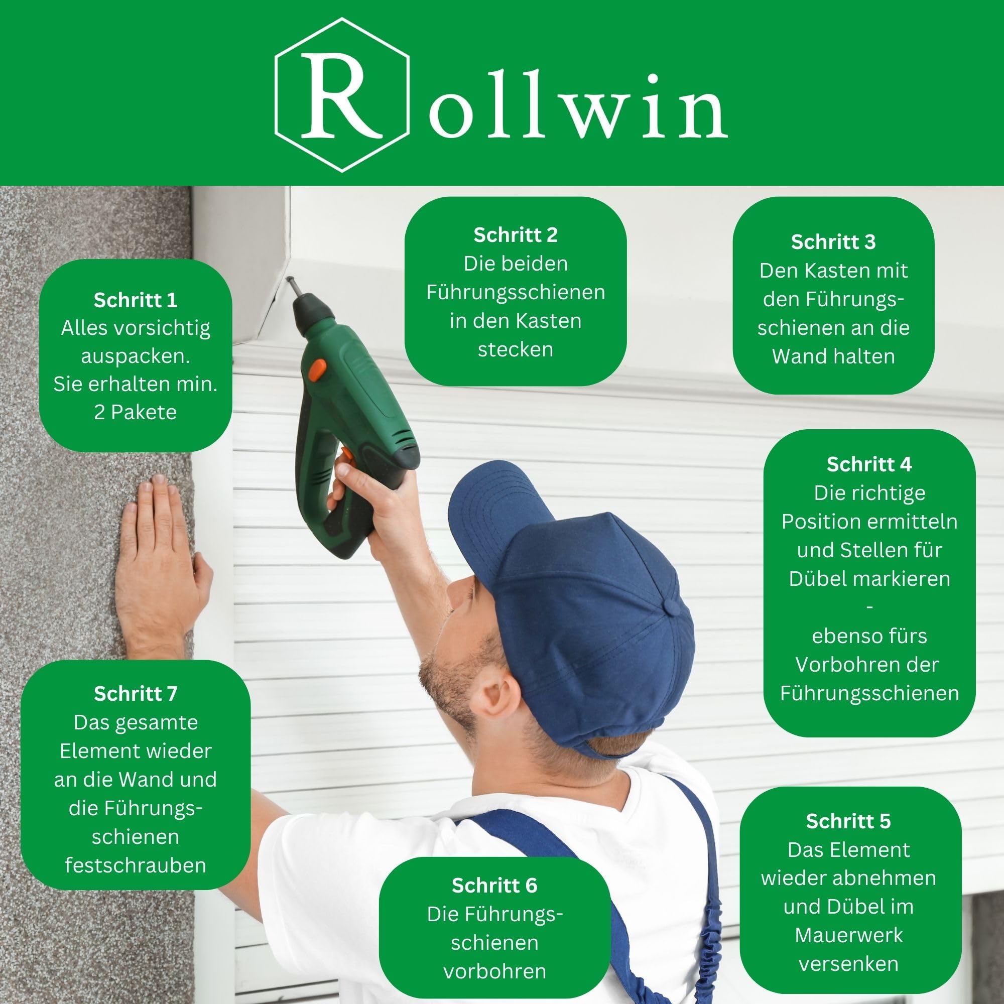 Vorbaurollladen nachrüsten - Weiß ähnl. RAL 9016 KOMPLETTES SYSTEM - 170mm Aluminium Rolladenkasten Eckig mit Gurtwickler und Rolladenführungschienen DEUTSCHE Produktion zum Einbauen