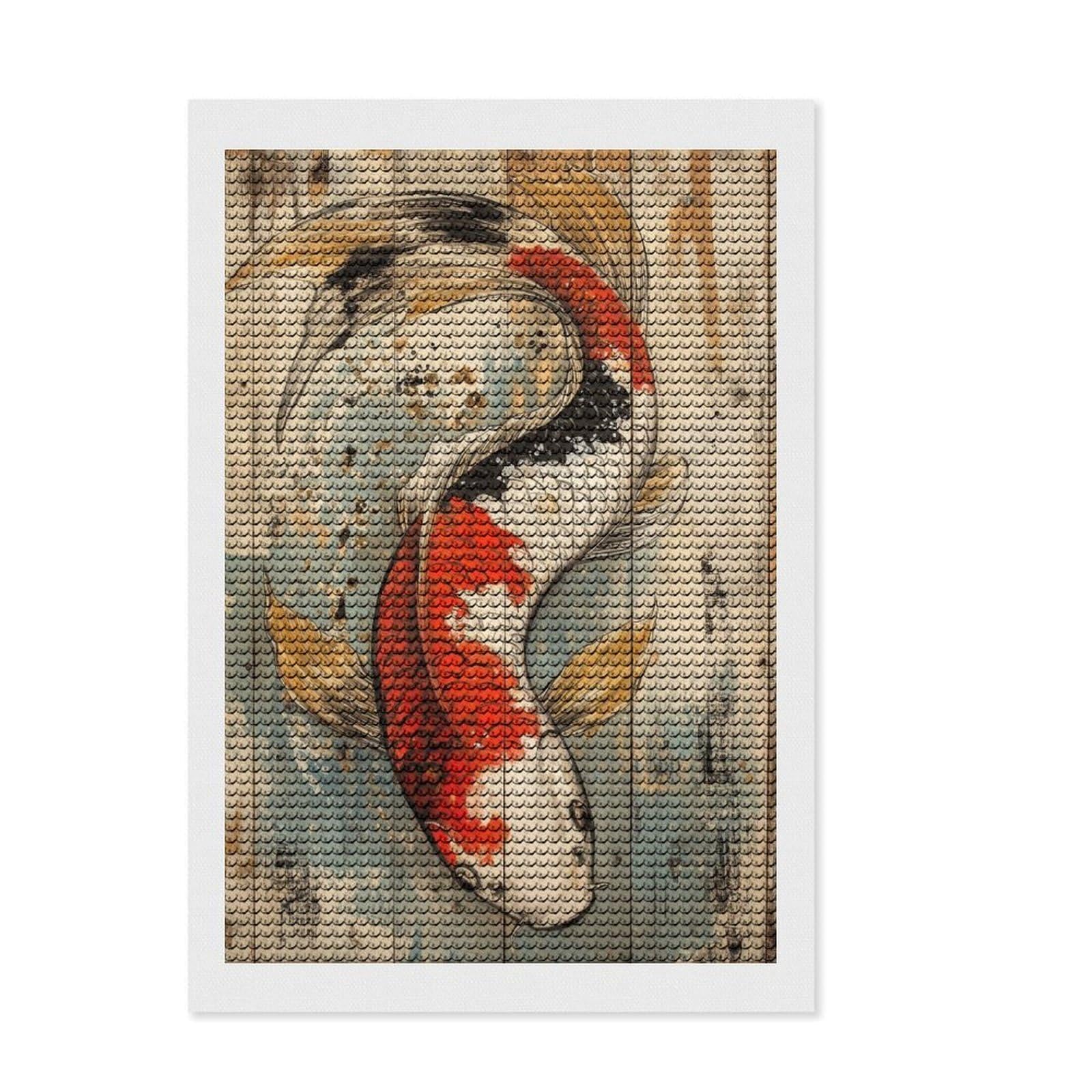 Junmoney Koi Fish Art on Wood Panel Wooden Japanese Decor Diamond Art Canvas 8"x12", Relaxing DIY Hobby, Enjoyable At-Home Hobby, Farmhouse Decor, Gift Idea, Easy to Enjoy