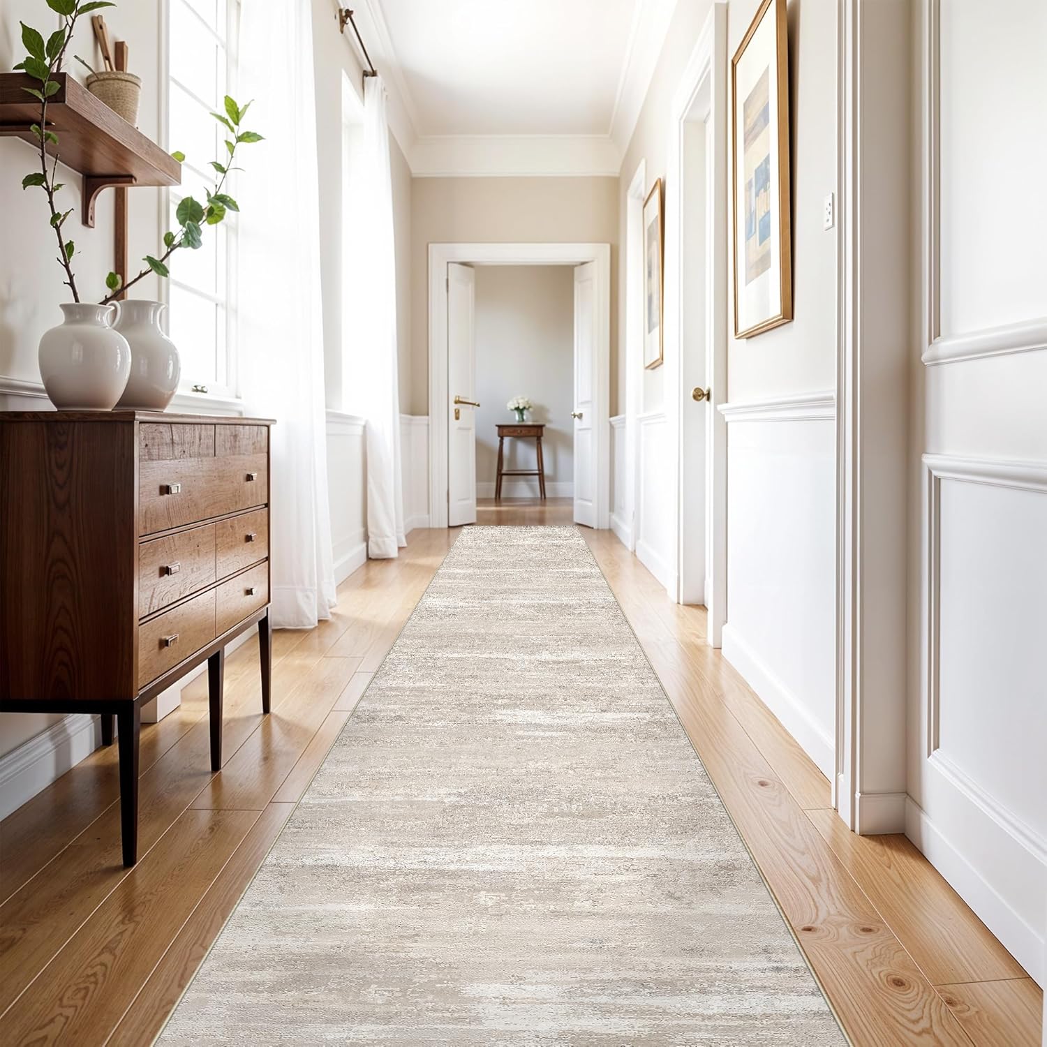 Washable Abstract 3x25 Runner Rug - Extra Long Hallway Runner Rug 25 ft Non Slip Stain Resistant Carpet for Entryway Living Room Stair Indoor Modern Home Decor Low Pile Mat 3x25 Beige