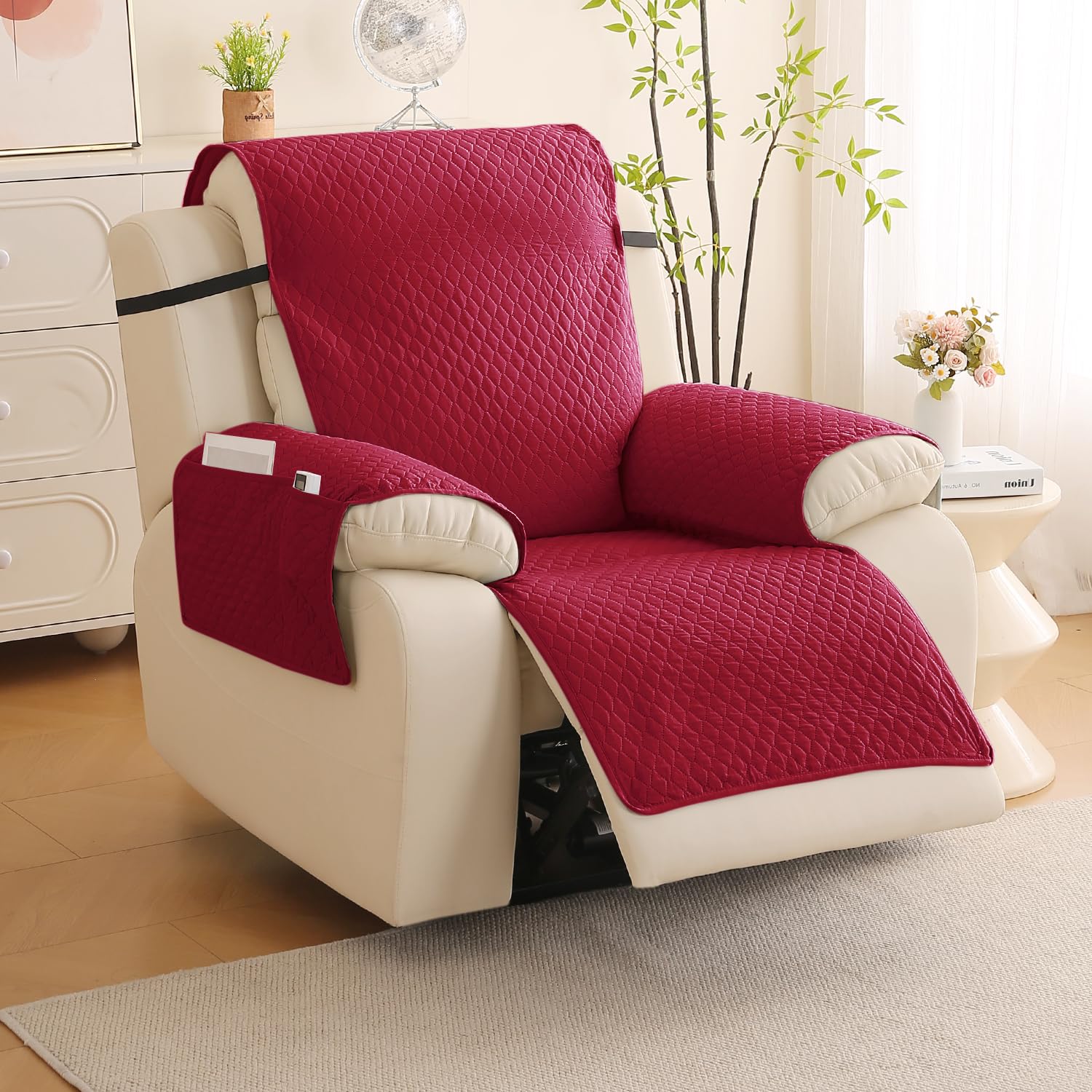 HOKIPO Polyester Quilted Recliner Chair Cover for 1 Seater with Side Pockets, Maroon (NEW-727-MRN)