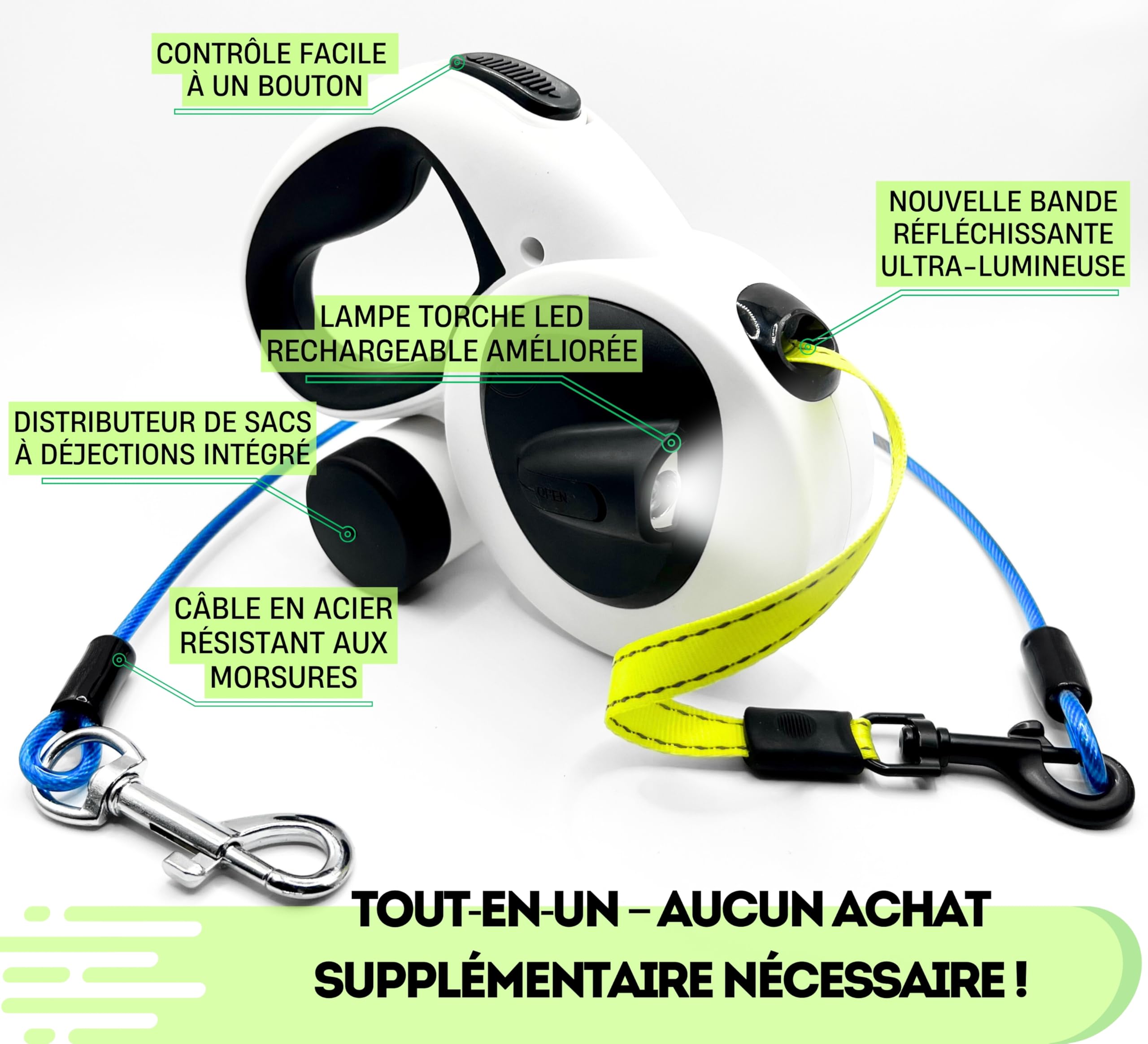Snuggle Paws Laisse Chien Enrouleur & Rétractable 5m Tout-en-Un : LED Puissante, Distributeur Sacs à Crottes, Câble Anti-Morsure, Bande Réfléchissante | pour Petits Chiens Jusqu’à 20kg
