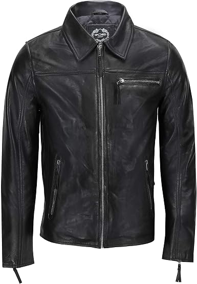 Mens Real Leather Jacket Classic Collar 