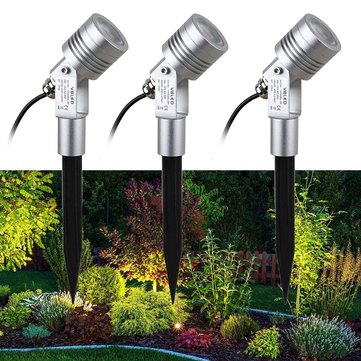 VBLED 3er-Set 6W Gartenleuchte Gartenstrahler Silber 3000K 12V Warmweiß mit Erdspieß IP68 Wasserdicht mit Stecker für Außen Garten Rasen
