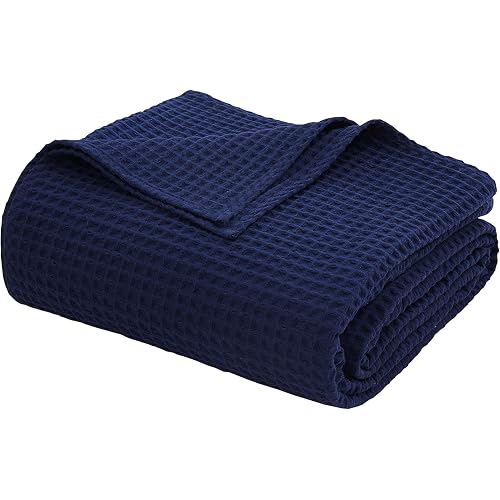 100% Egyptian Cotton Waffle Weave Throw Blanket for Bed Couch Sofa Home Decor, Soft Lightweight Bed & Couch Blanket for All Seasons (Navy Blue - Full Size - 84 * 90")
