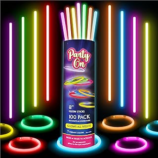 Glow Sticks Bulk Party Supplies. 100 Pack. 8 Inch Glow in the Dark Sticks, Light Up Party Favors. Neon Glow Bracelets and Glow Necklaces with Connectors for Party Decorations