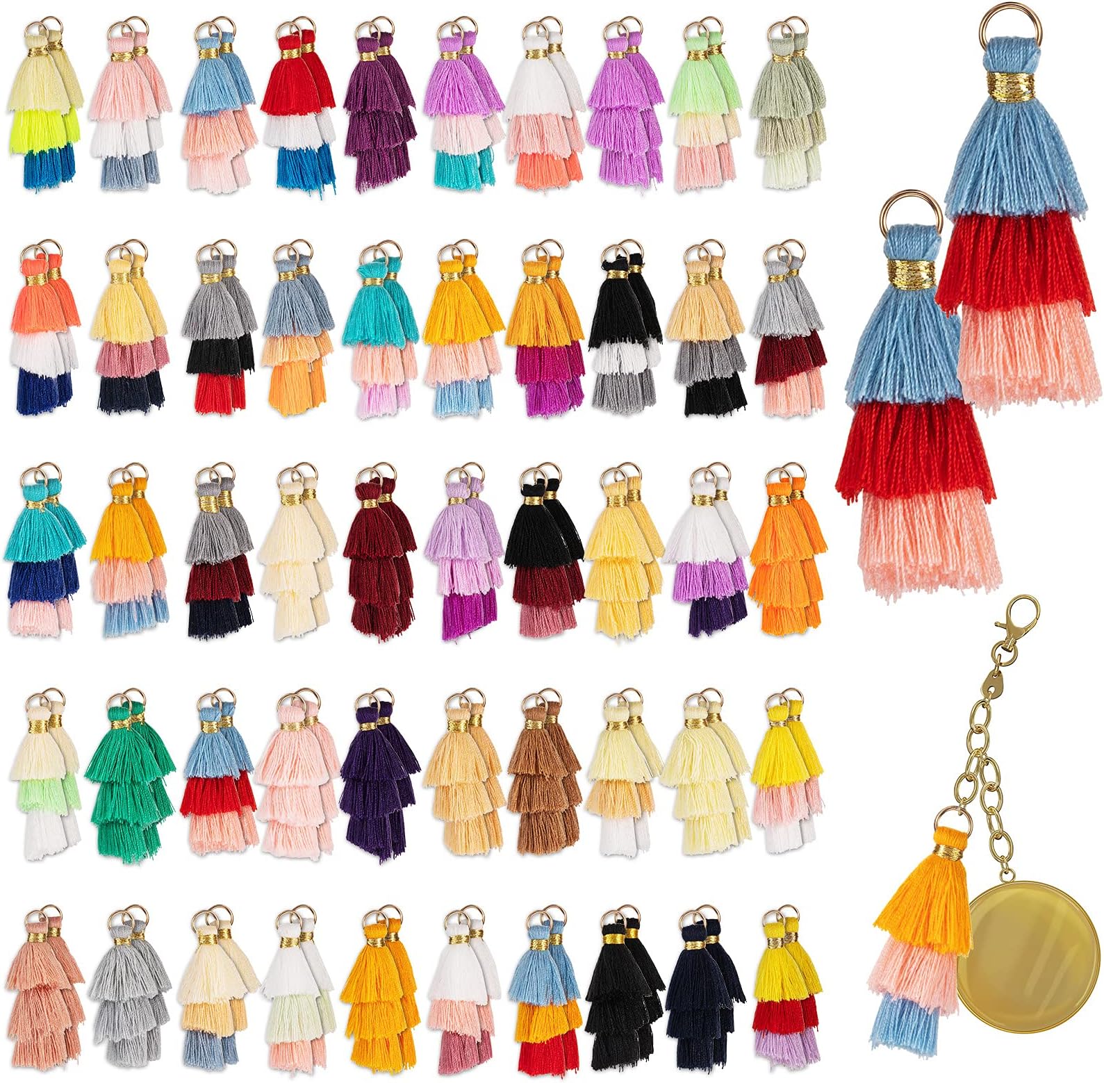 Dingion 100 Pcs Tiny Tri Layered Keychain Tassels 1.38 Inches Mini 3 Layers Tassel for Craft Jewelry Earring Making Bookmark(Classic Color)