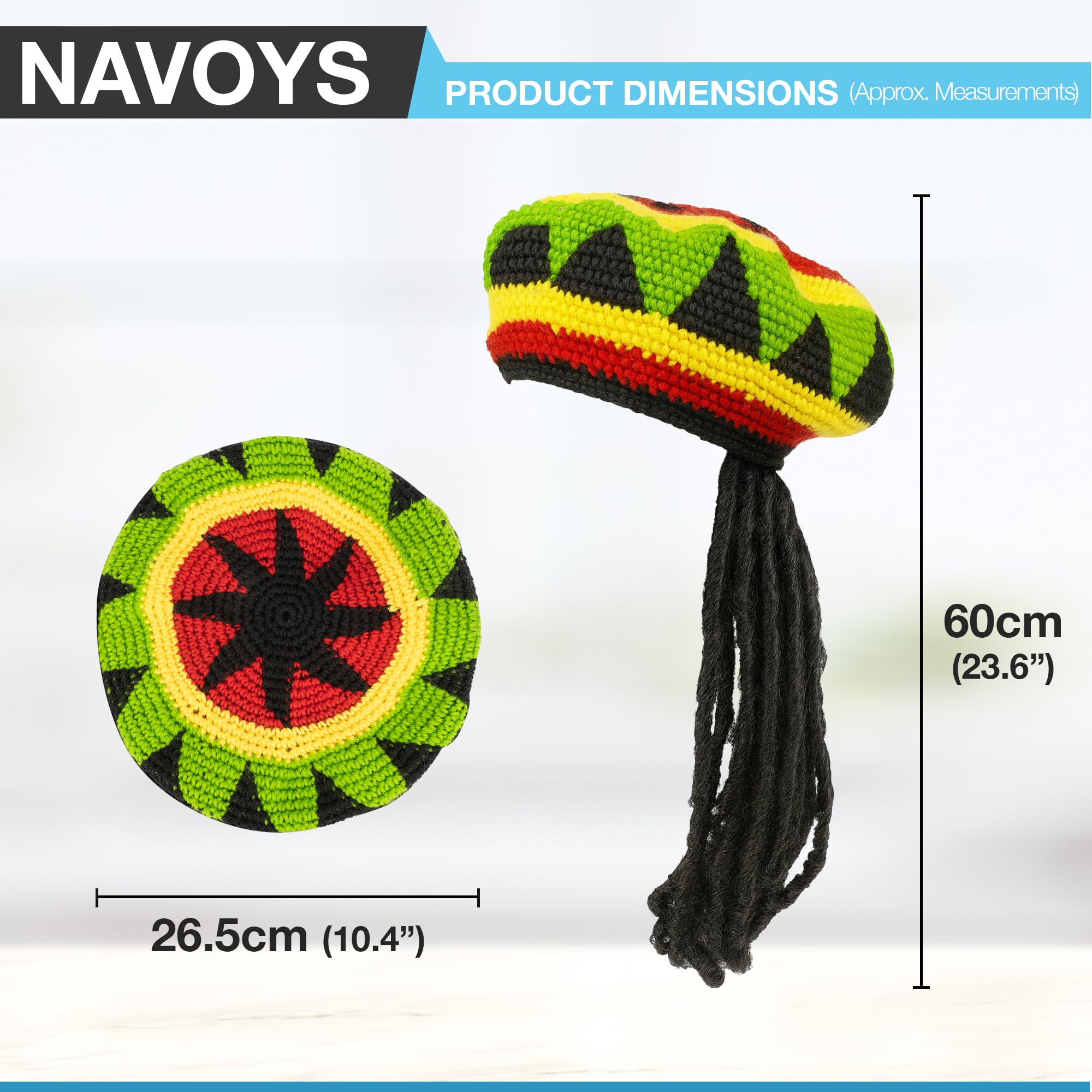 Navoys Adult's Rasta Hat with Dreadlocks, Multicoloured, One Size (26.5cm Diameter, 60cm Length) - Image 2