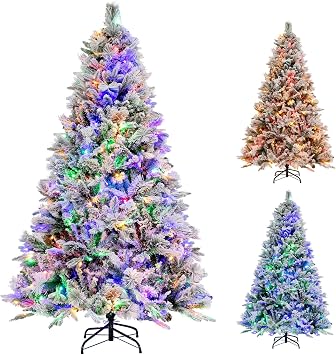 Goplus 6ft Pre-Lit Snow Flocked Christmas Tree, Artificial Hinged Xmas Tree with 240 Multi-Color LED Lights, 8 Lighting Modes, 850 Branch Tips, Pine Needles, Pine Cones, Holiday Office Home Decor