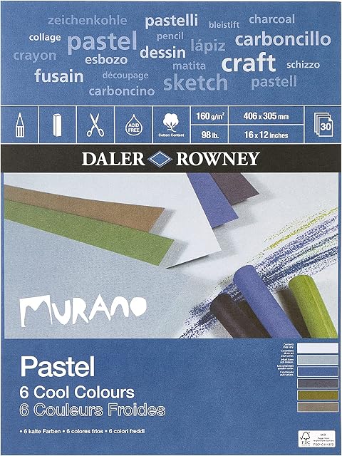 Daler-Rowney Murano 160gsm 16 x 12in Pastel Paper Pad, Honeycomb Texture, Glued 1 Side, Cotton Content, 30 Cool Colours Sheets, Ideal for Professional Artists