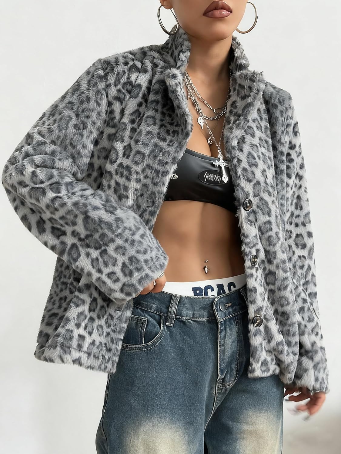 utcoco Womens 2025 Leopard Faux Fur Coat Button Down Winter Coats Fluffy Parka Shaggy Warm Outerwear