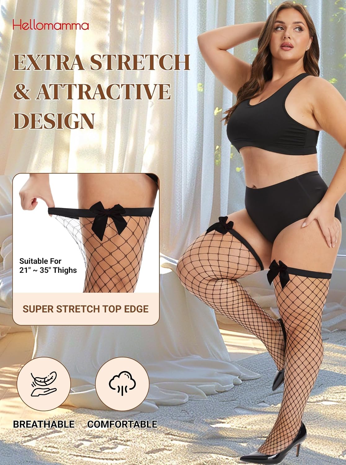 Hellomamma Plus Size Tights for Women: Thigh High Fishnet Stockings with Cute Bow for Curvy Women Honeymoon & Party Outfit