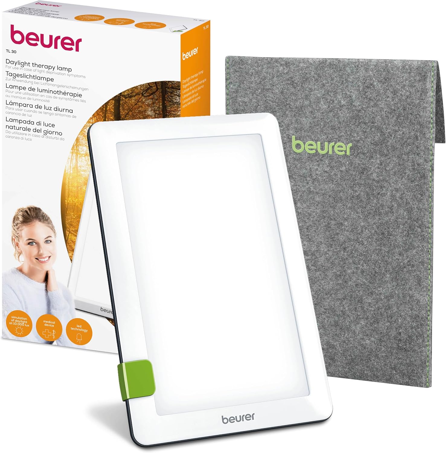 Beurer TL 30 daylight lamp, simulation of daylight, light intensity approx. 10,000 lux at 10 cm distance, medical device with LED technology, flicker and UV-free, with variable stand and bag