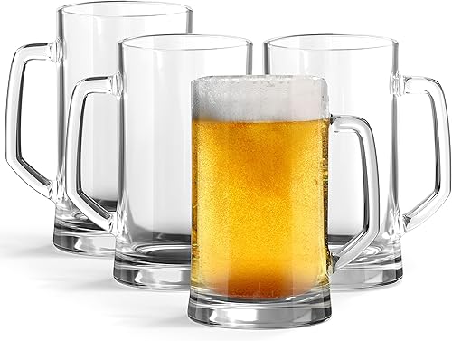 KooK Beer Mugs, Glasses Set of 4, 12.7 Oz, Clear Large Mugs, Gift for Men, With Handles, Large Drinking Cups for Tea, Coffee, Root Floats,