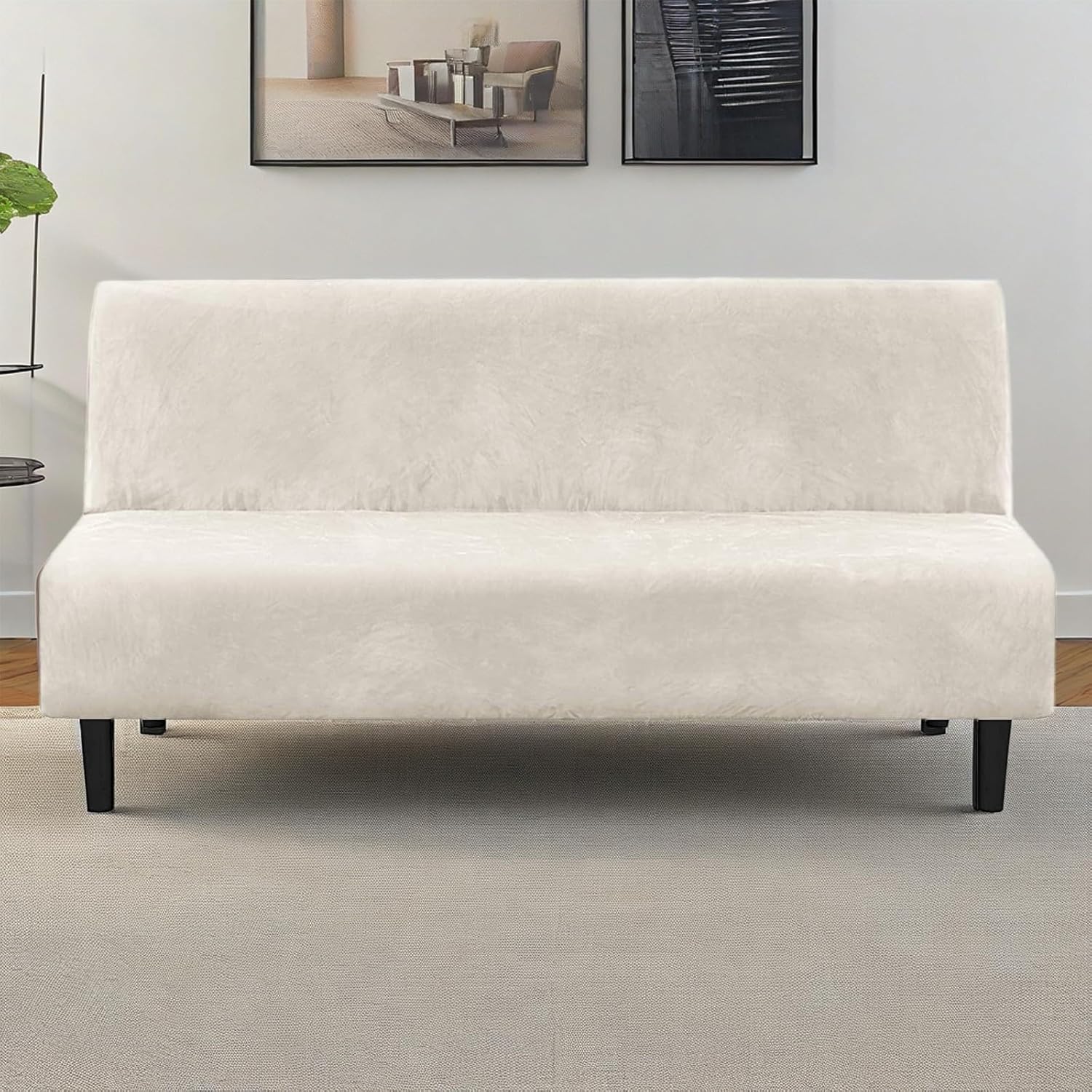 Velvet Armless Sofa Cover Folding Futon Covers Full Size Sofa Bed Slipcover Furniture Protector for Living Room Beige