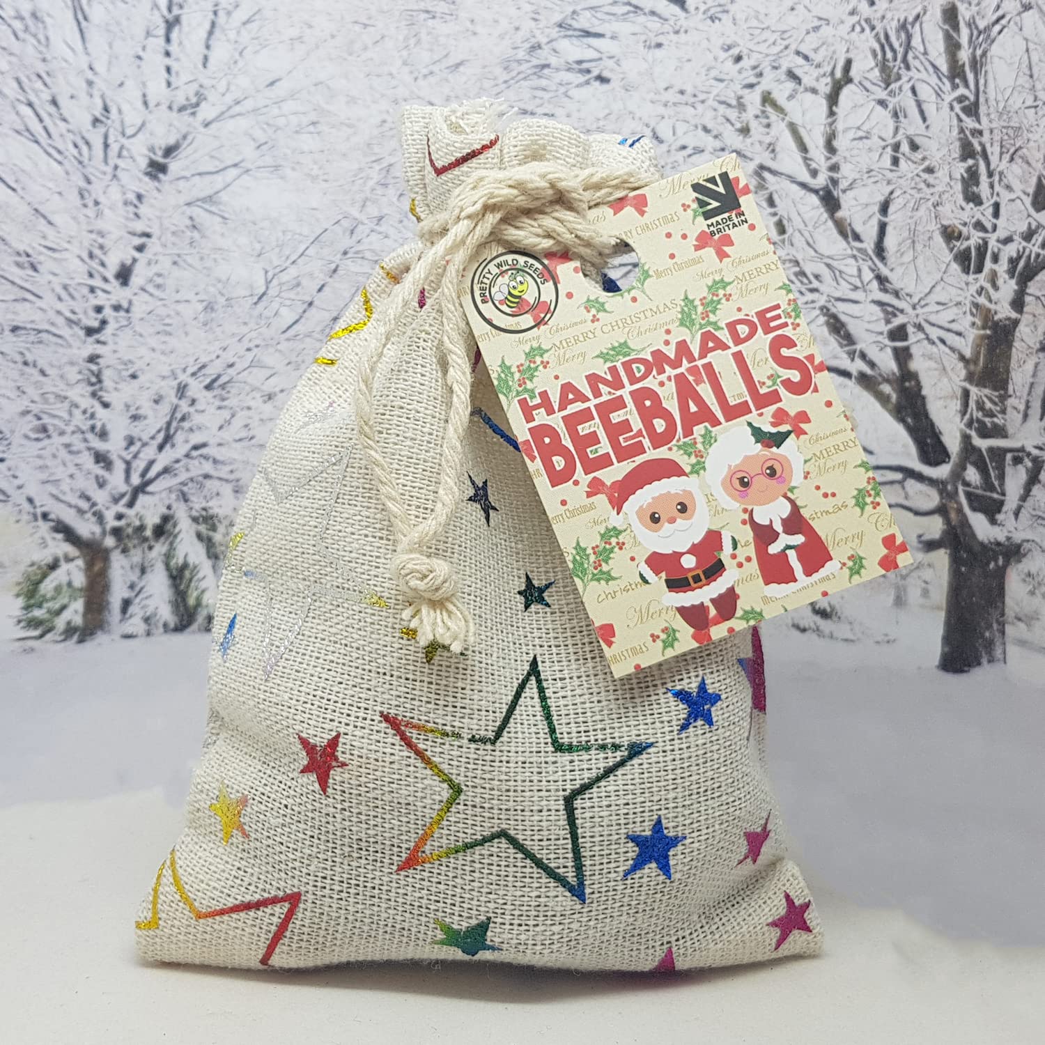 BeeBalls Festive Bee Ball Pouches with Handmade Wildflower Bee Balls Perfect Unique Christmas Stocking Fillers to Save The Bees (Rainbow Star)