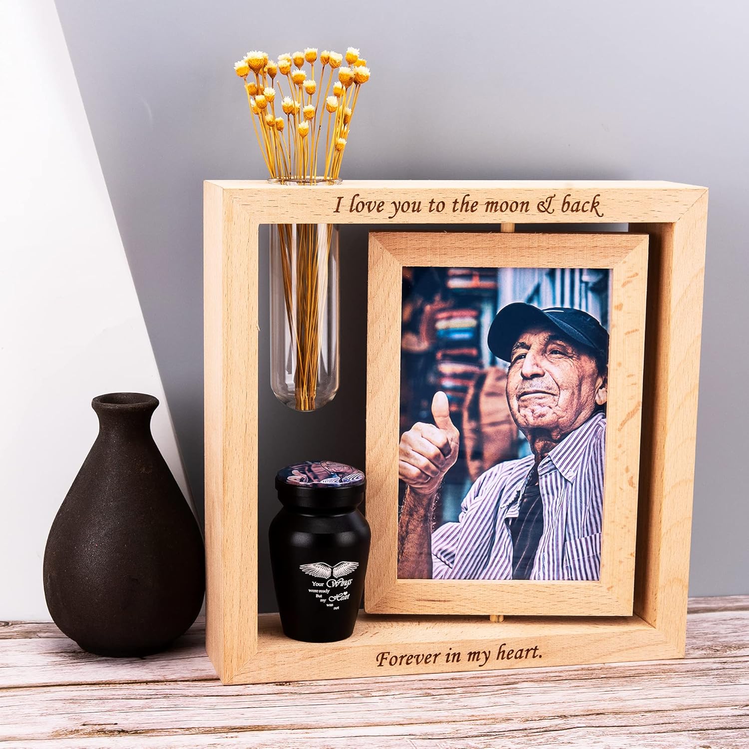 Fanery Sue Personalized Small Urns for Human Ashes with Picture Frame,Mini Urns for Ashes Small Urn for Ashes Keepsake,Customized Photo Cremation Urns for Human or Pet Ashes(Black Your Wings&S)