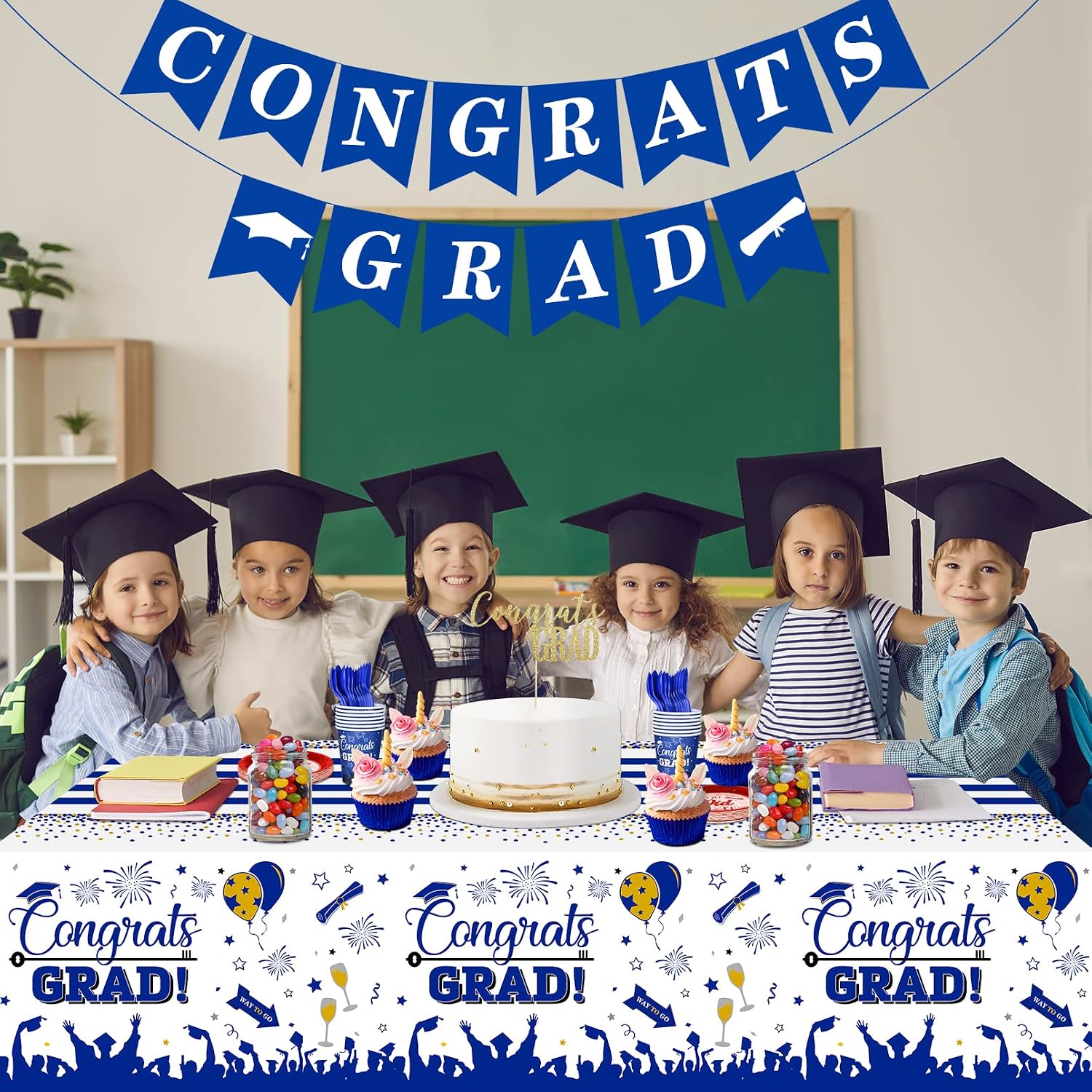 DUAIAI Graduation Tablecloths, 3 Pack Large Size Plastic 54"x108" Congrats Grad Graduation Party Tablecover Decorations for Class of 2023- Blue