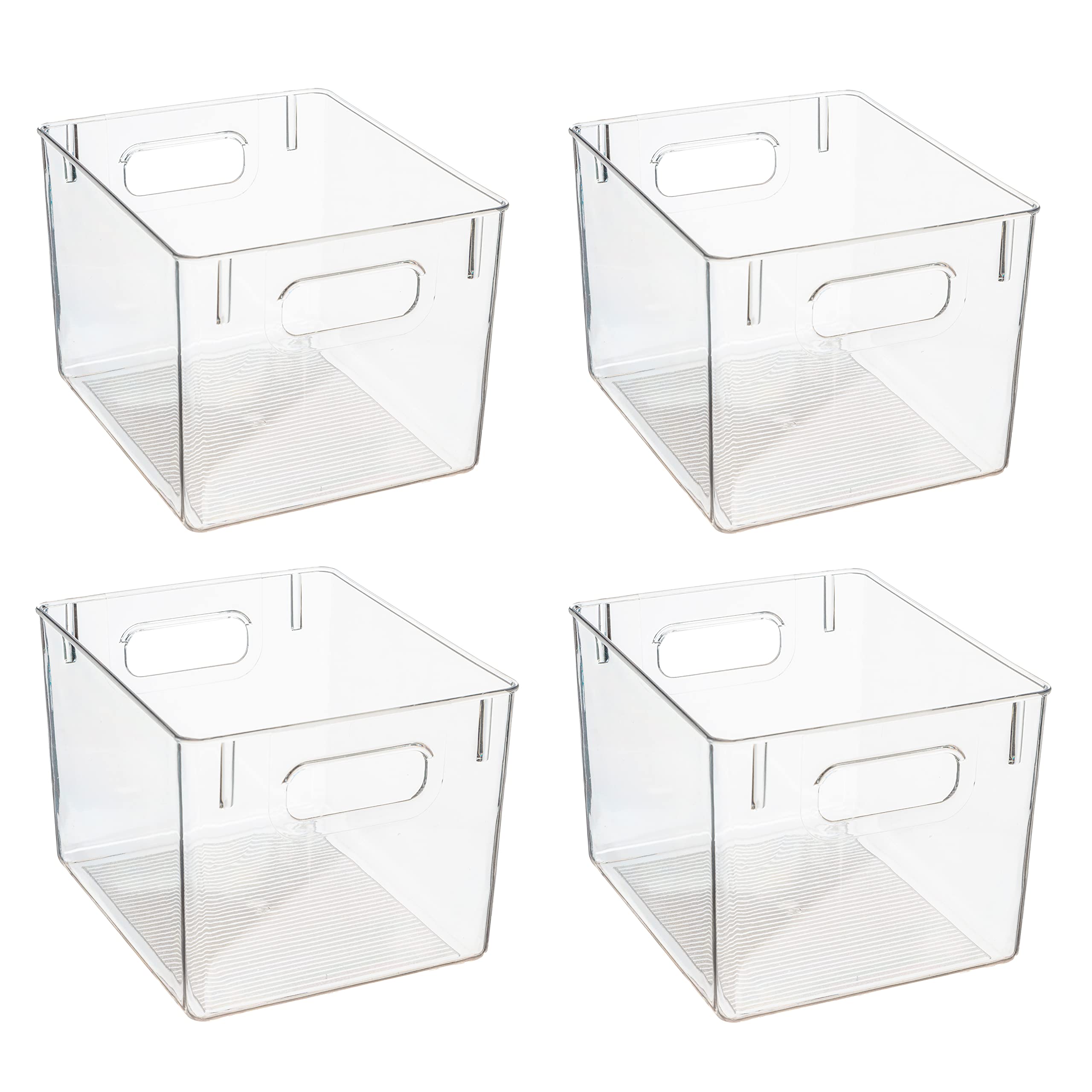 Amtido Clear Plastic Storage Bins for Fridge-Freezer, Cupboard, and Pantry Tidy - Kitchen Organiser for Food, Fruit, Vegetable, Cleaning Products & Household Items (4-Pack - Standard 19.2cm x 22cm)